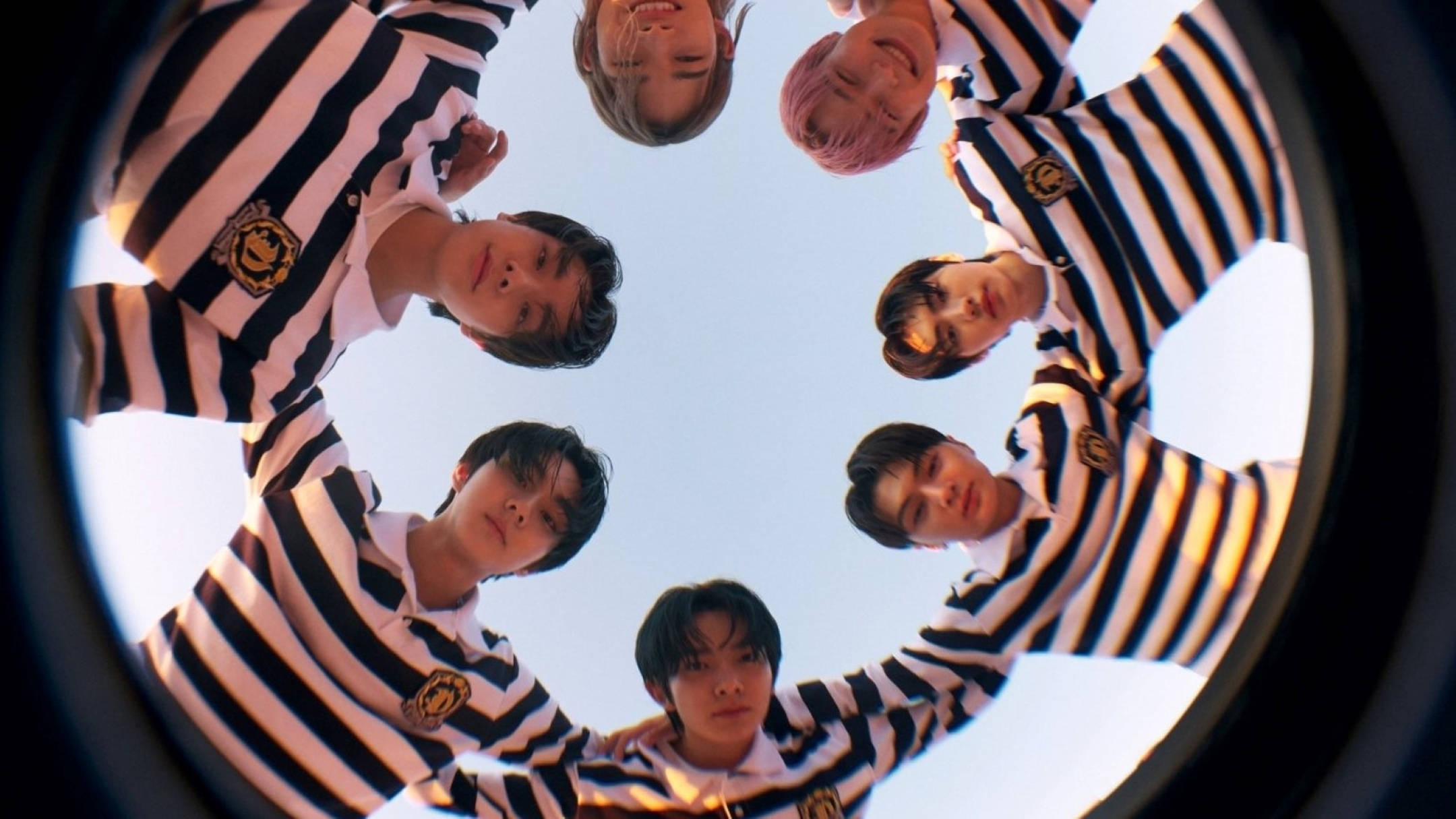Enhypen, fisheye lens, black and white striped outfits, Full HD Desktop Wallpaper