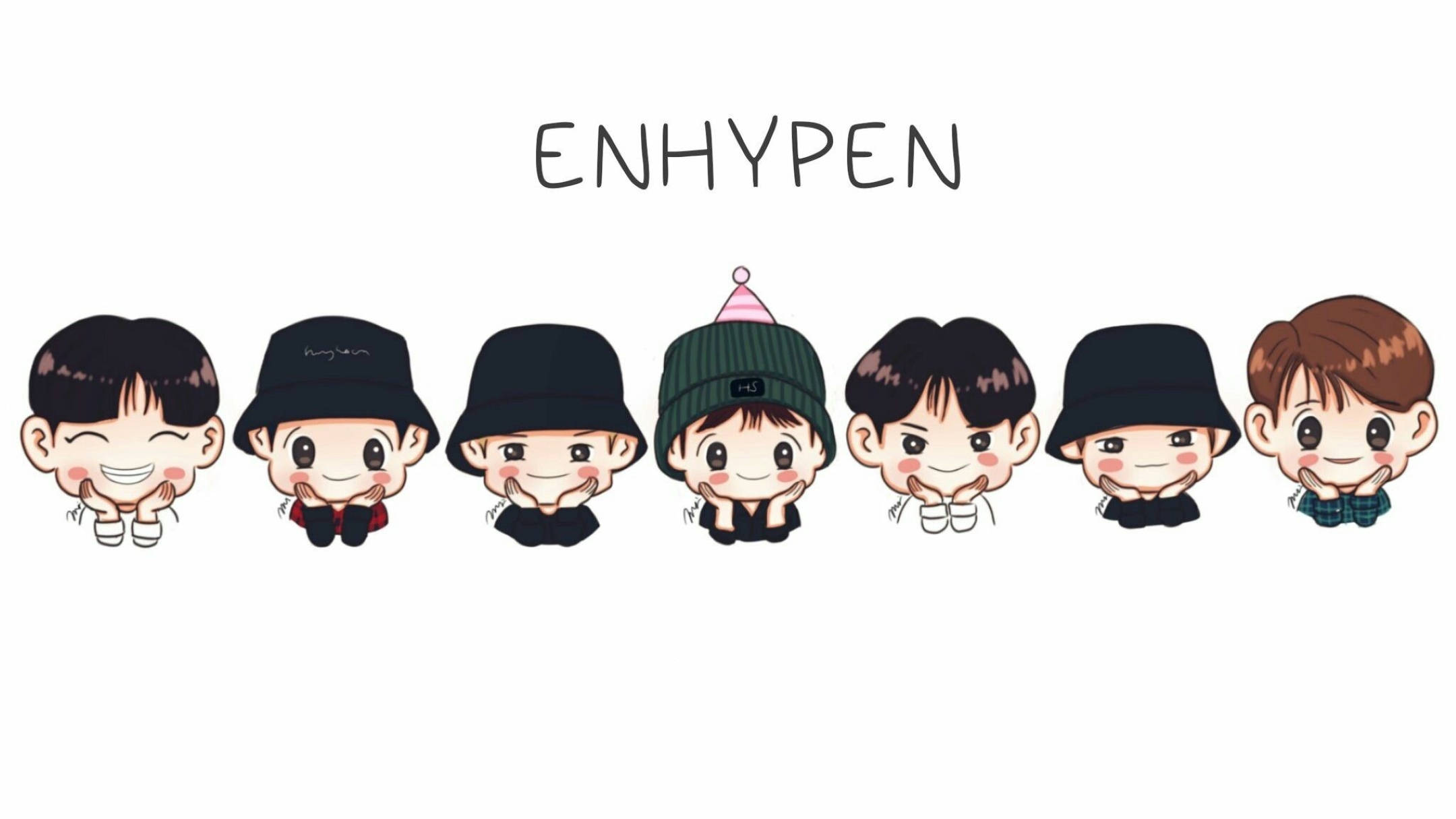 ENHYPEN, chibi-style, seven members, Full HD Desktop Wallpaper