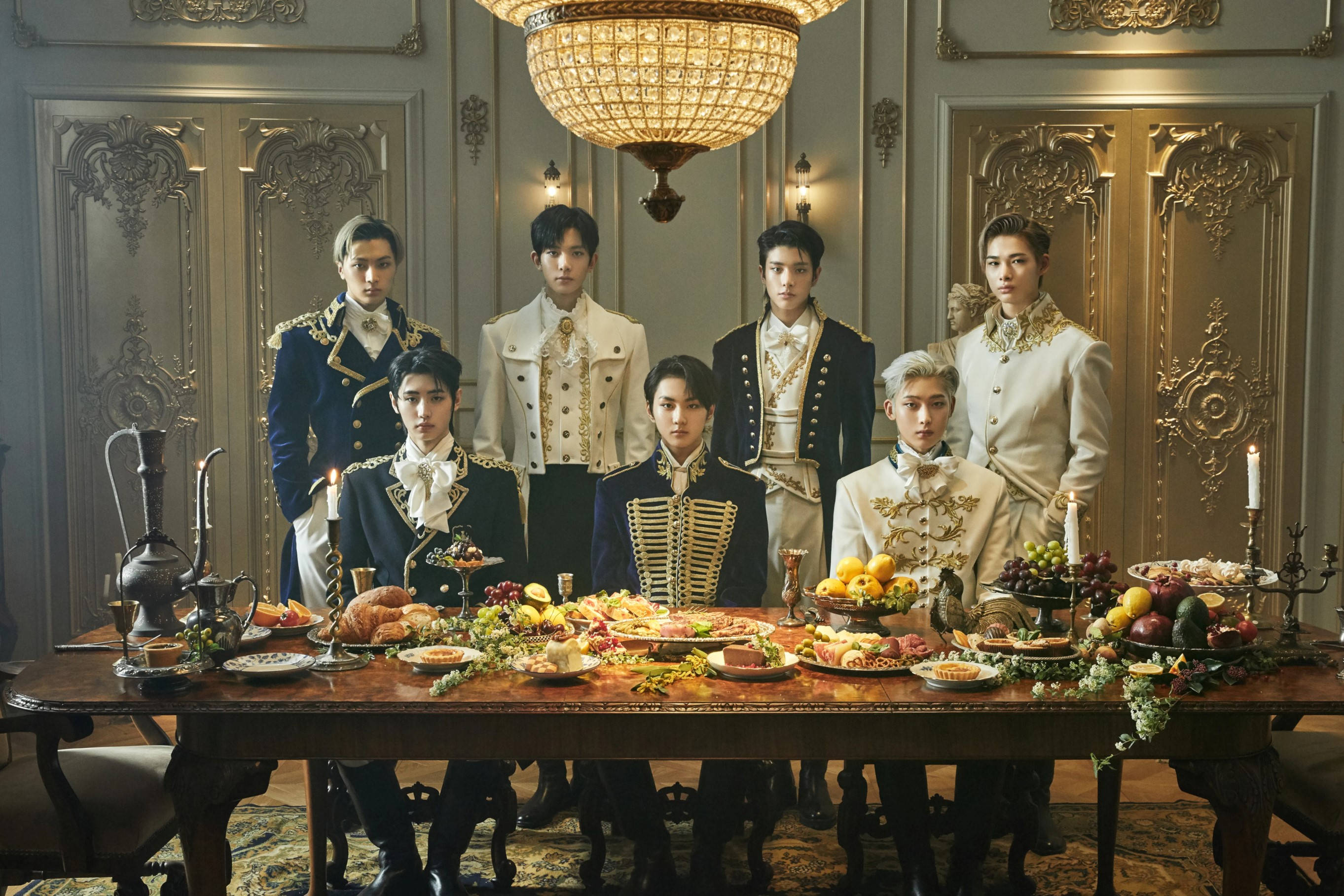 Enhypen, Victorian look, ornate military-style uniforms, 2K Desktop Wallpaper