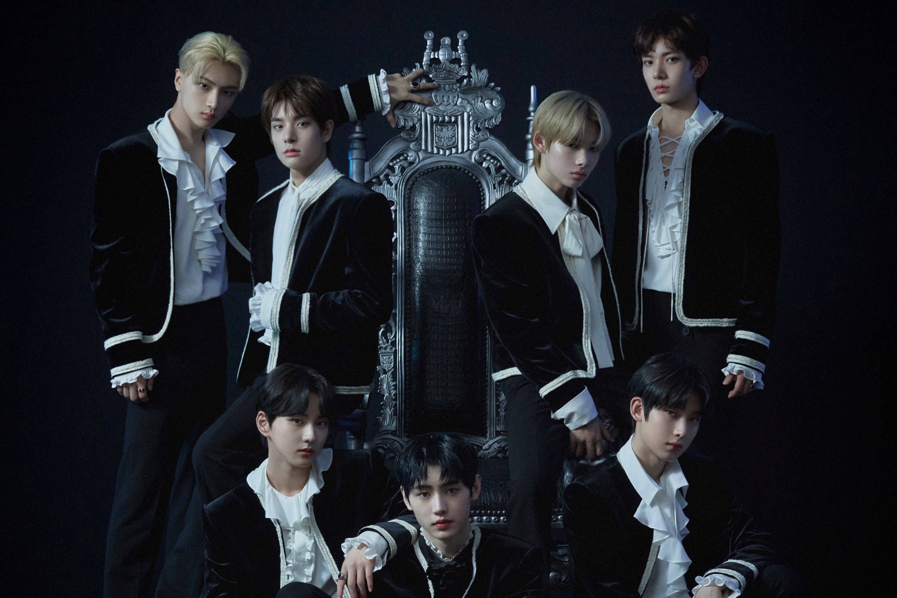Enhypen, black velvet, white ruffled shirts, 2K Desktop Wallpaper
