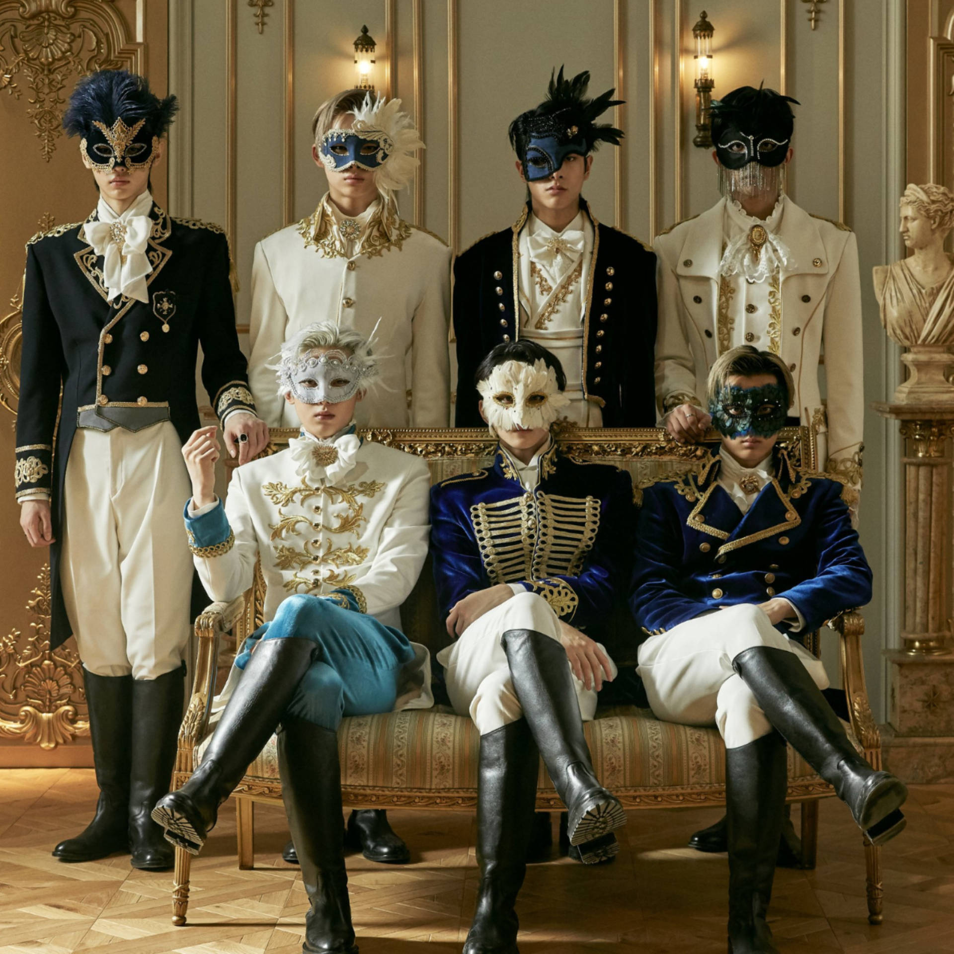 Enhypen, masked men, ornate historical costumes, Full HD Desktop Wallpaper