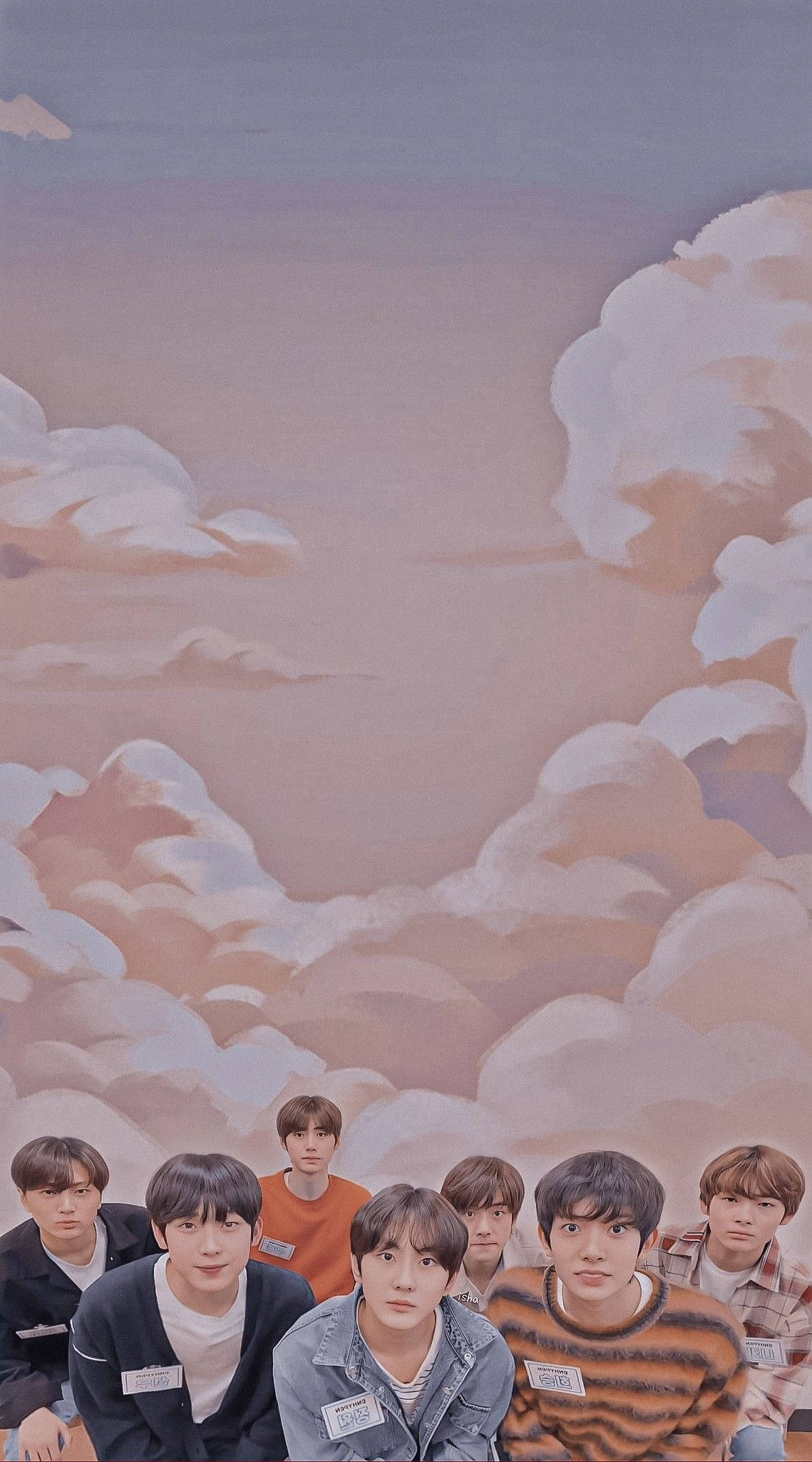 Enhypen, pastel sky, cotton-like clouds, Full HD Phone Wallpaper