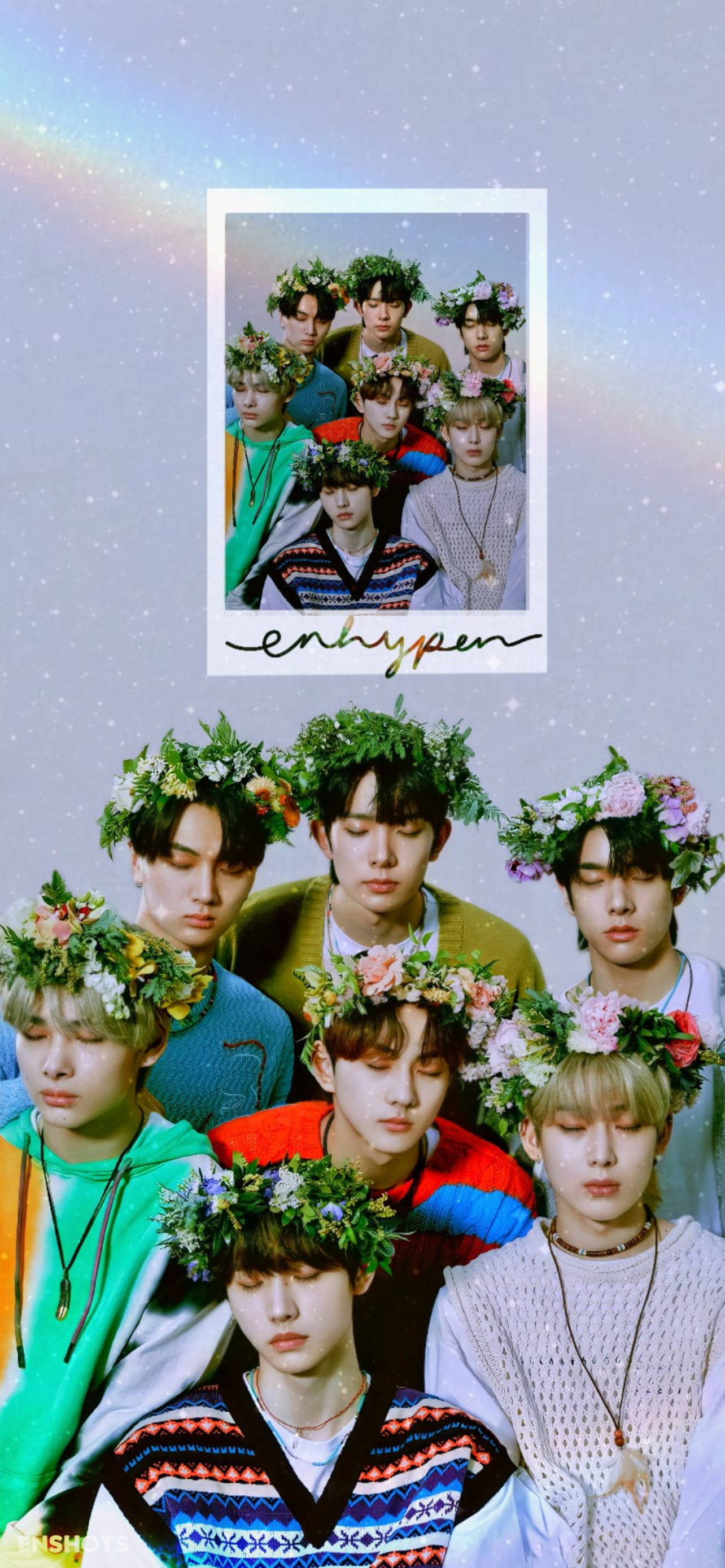 Enhypen, flower crown, starry background, 2K Phone Wallpaper