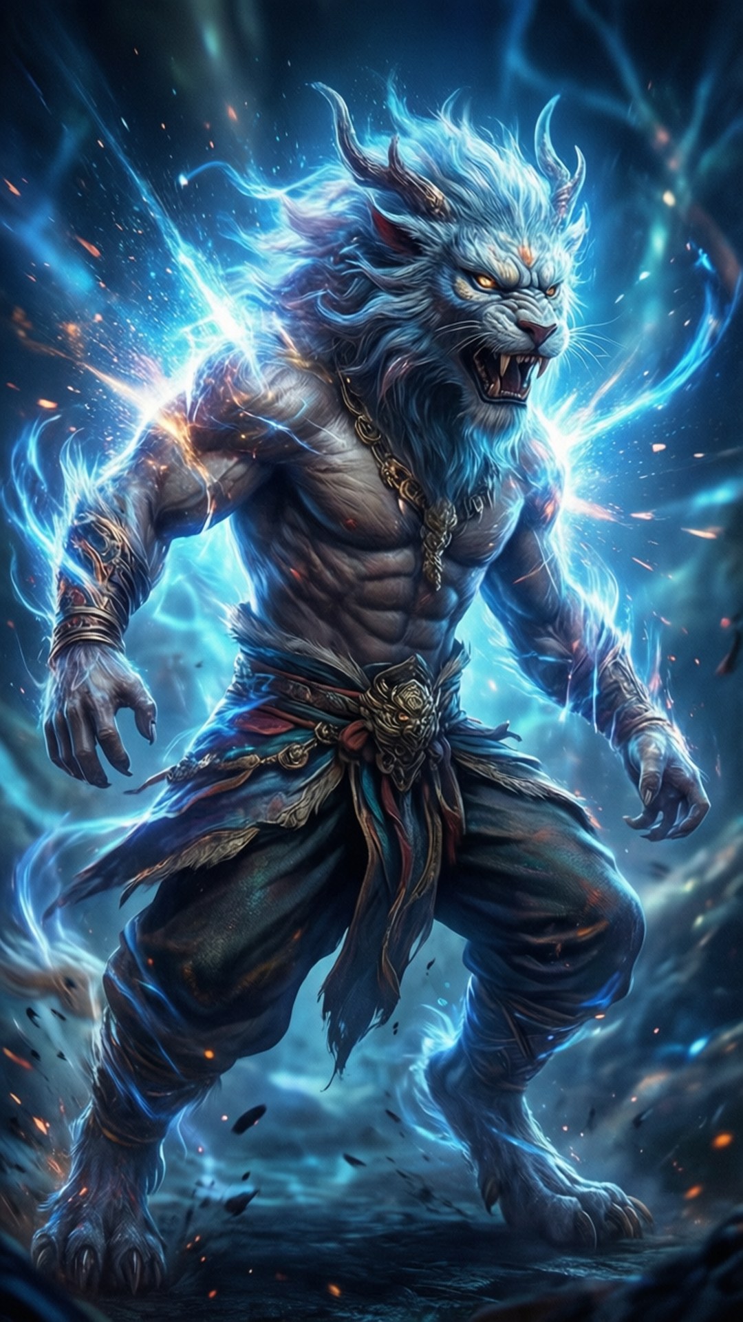 Enkidu, blue energy, mid-transformation, Full HD Phone Wallpaper