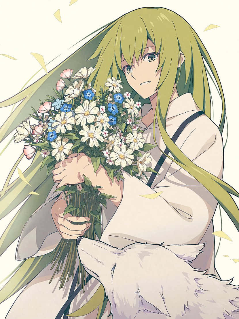 Enkidu, white wolf, long green hair, SD Phone Wallpaper