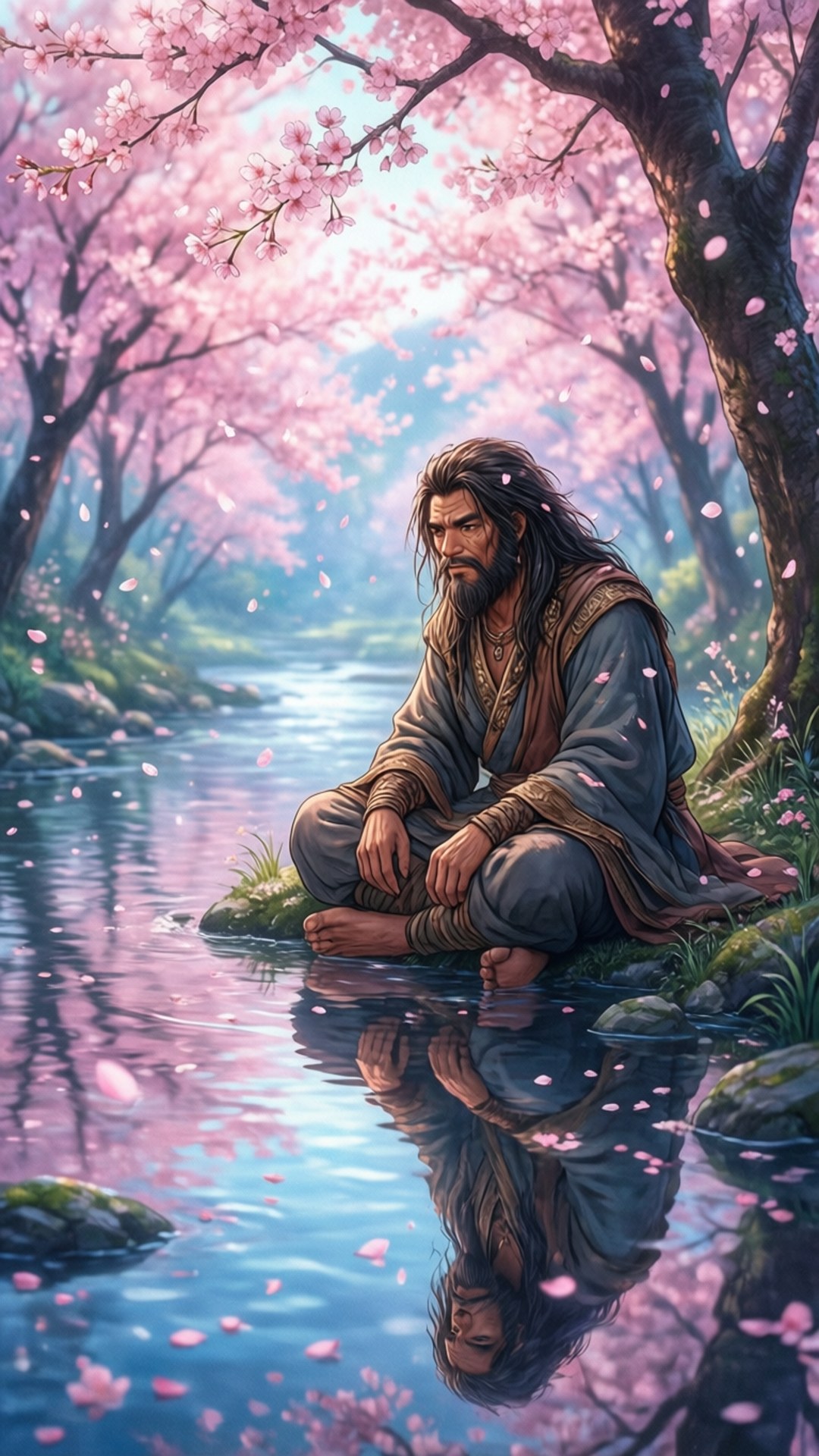 Enkidu, river, cherry blossoms, Full HD Phone Wallpaper