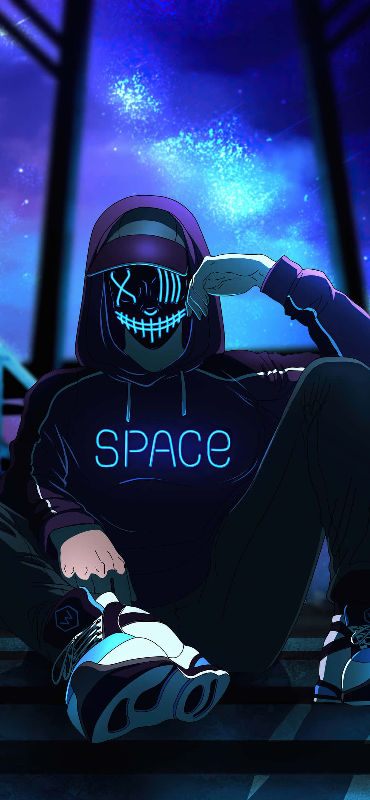 Boy Phone, neon face, cosmic blue starry sky, 2K Phone Wallpaper