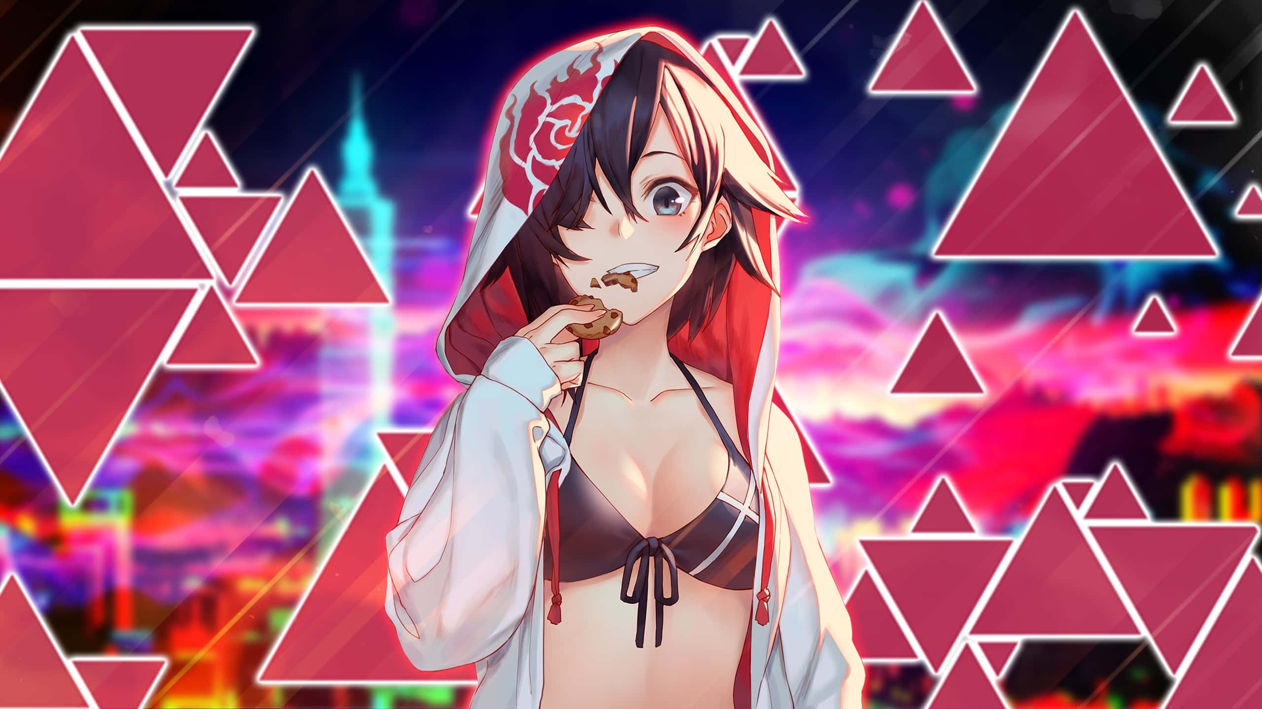 anime girl, red hooded robe, bikini, 2K Desktop Wallpaper