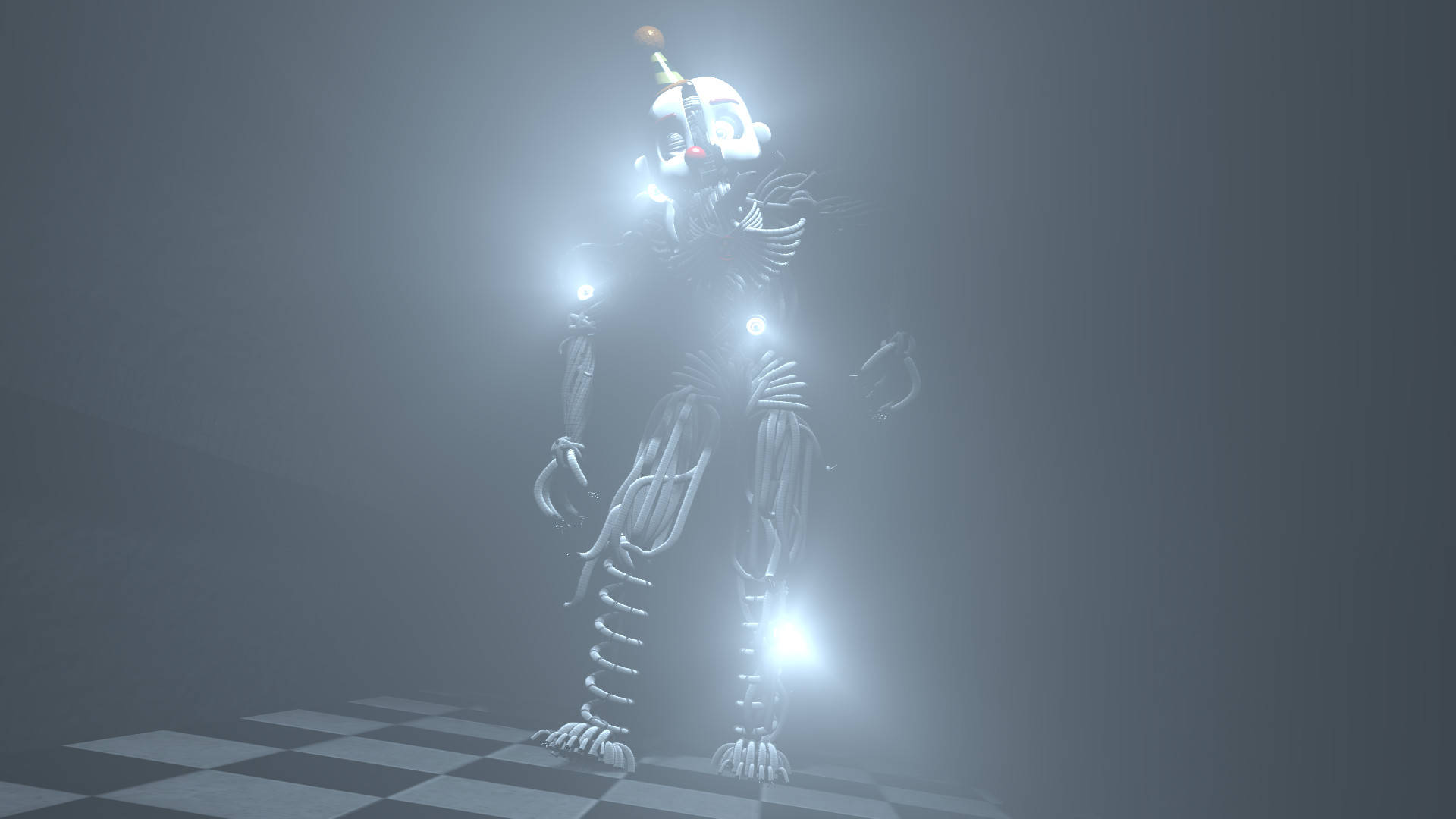 Ennard, glowing joints, skeletal animatronic clown, Full HD Desktop Wallpaper
