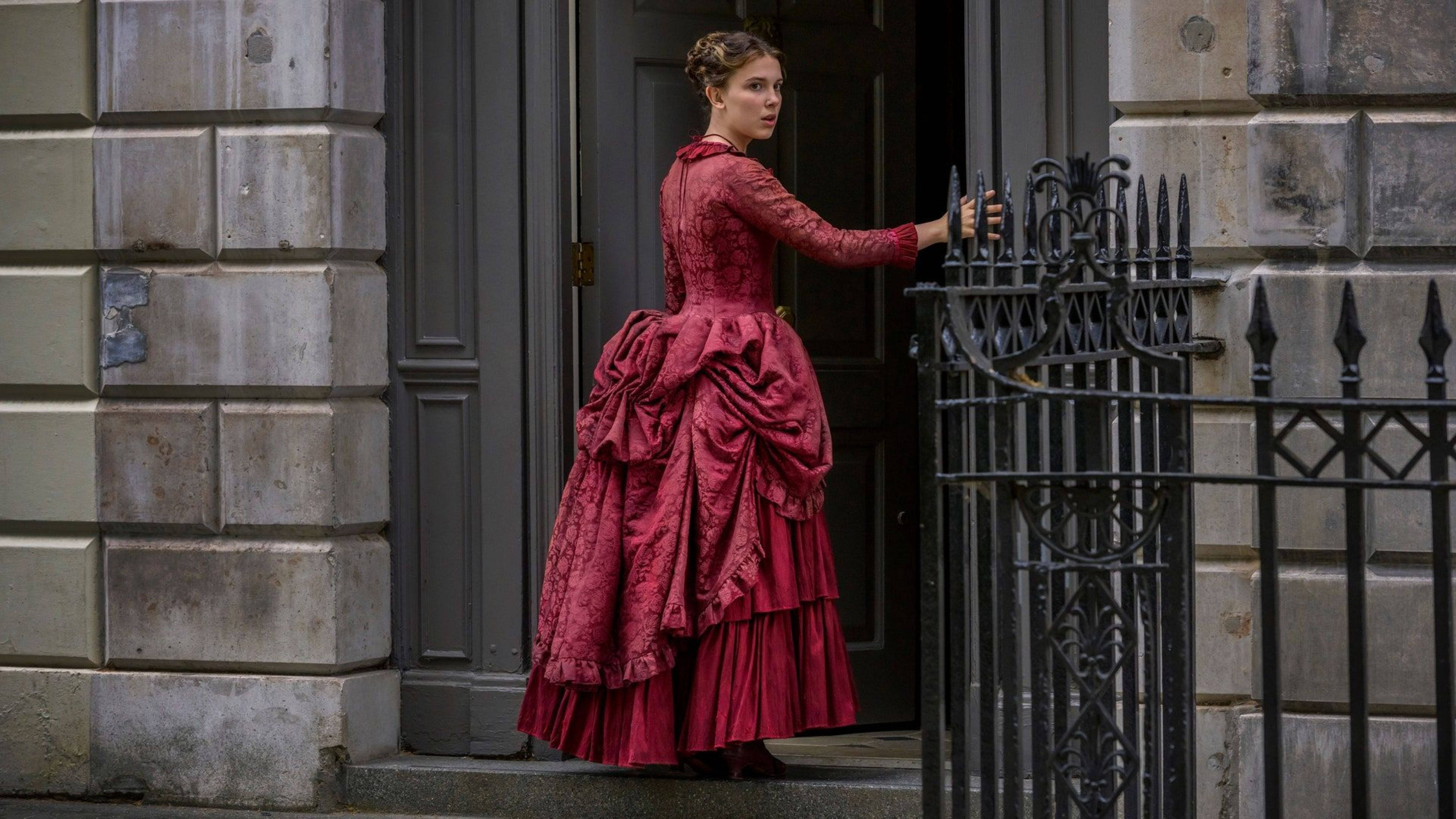 Enola Holmes, Victorian gown, rich red, 5K Desktop Wallpaper