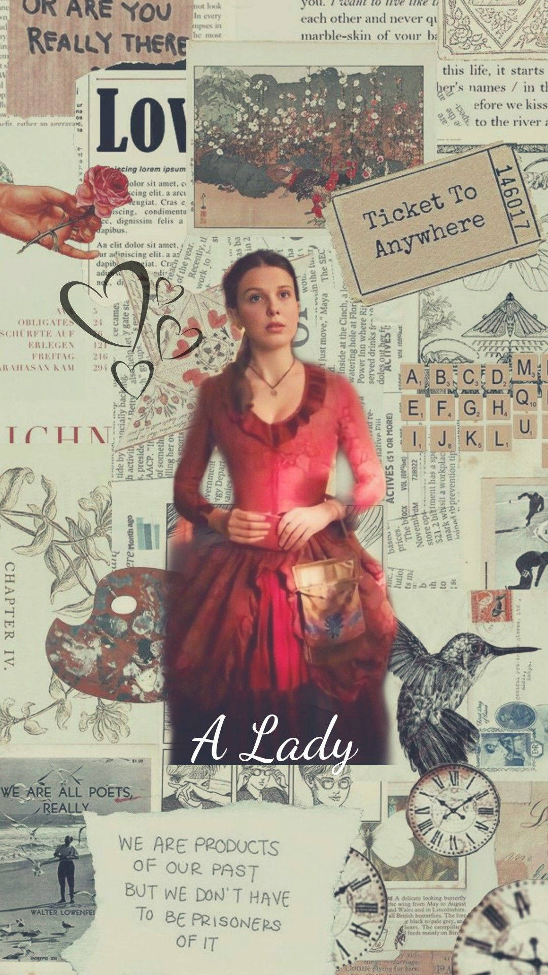 Enola Holmes, red dress, vintage newspaper clippings, Full HD Phone Wallpaper