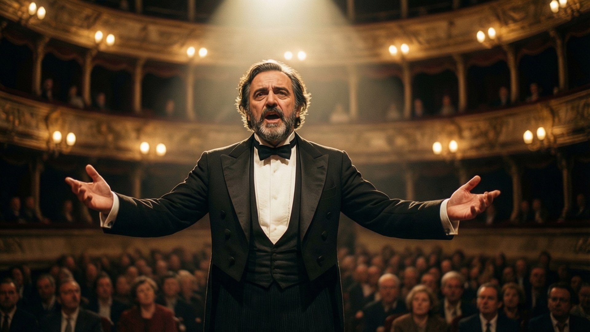 Enrico Caruso, golden lighting, dramatic stage performance, Full HD Desktop Wallpaper