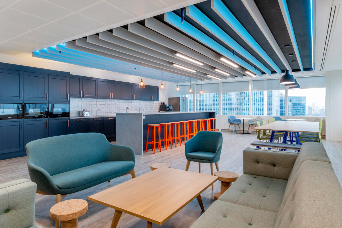 Enterprise, modern designed workspace office, teal sofas, SD Desktop Wallpaper