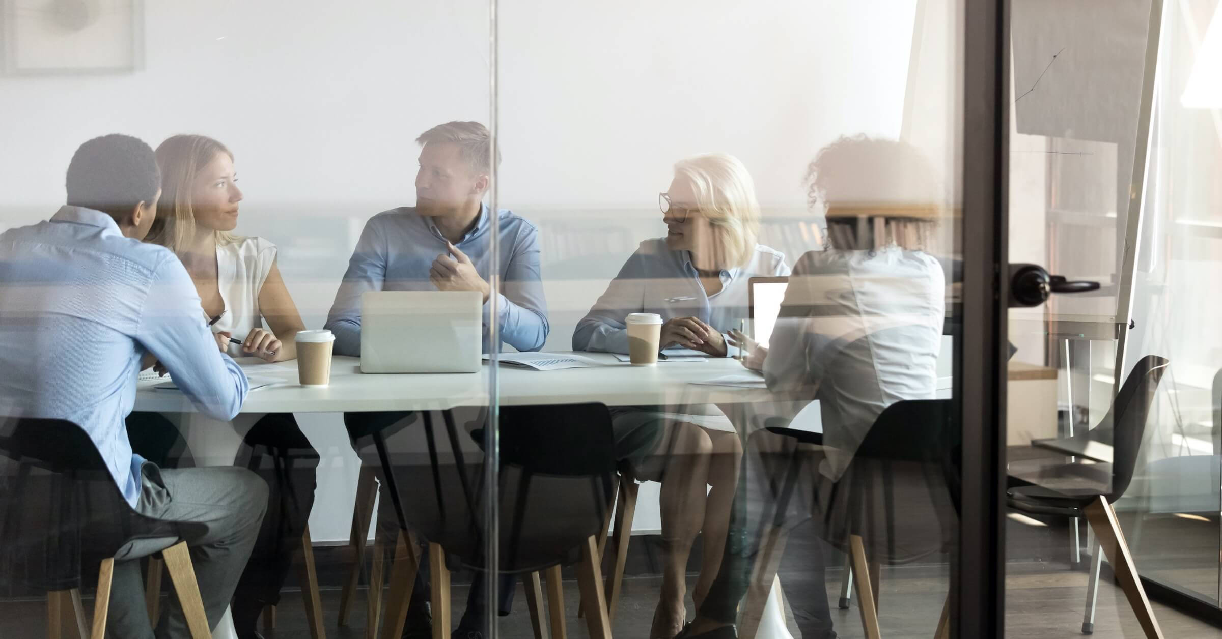 Enterprise, glass-walled conference table, laptops, Full HD Desktop Wallpaper