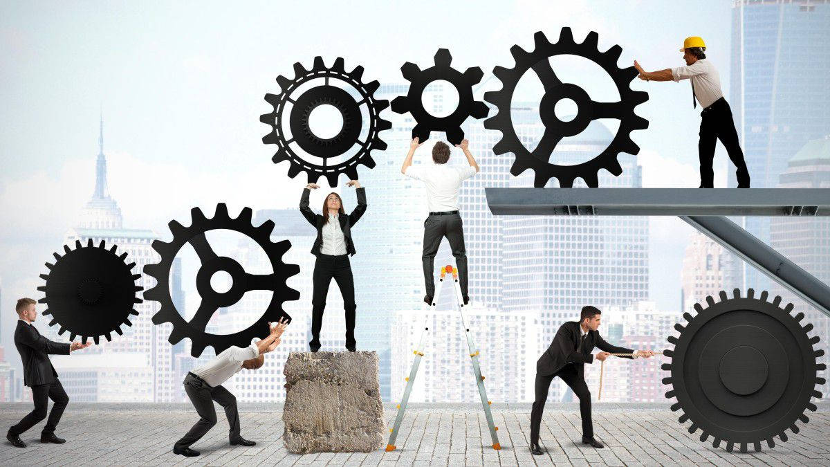 Enterprise, giant black gears, city skyline, SD Desktop Wallpaper