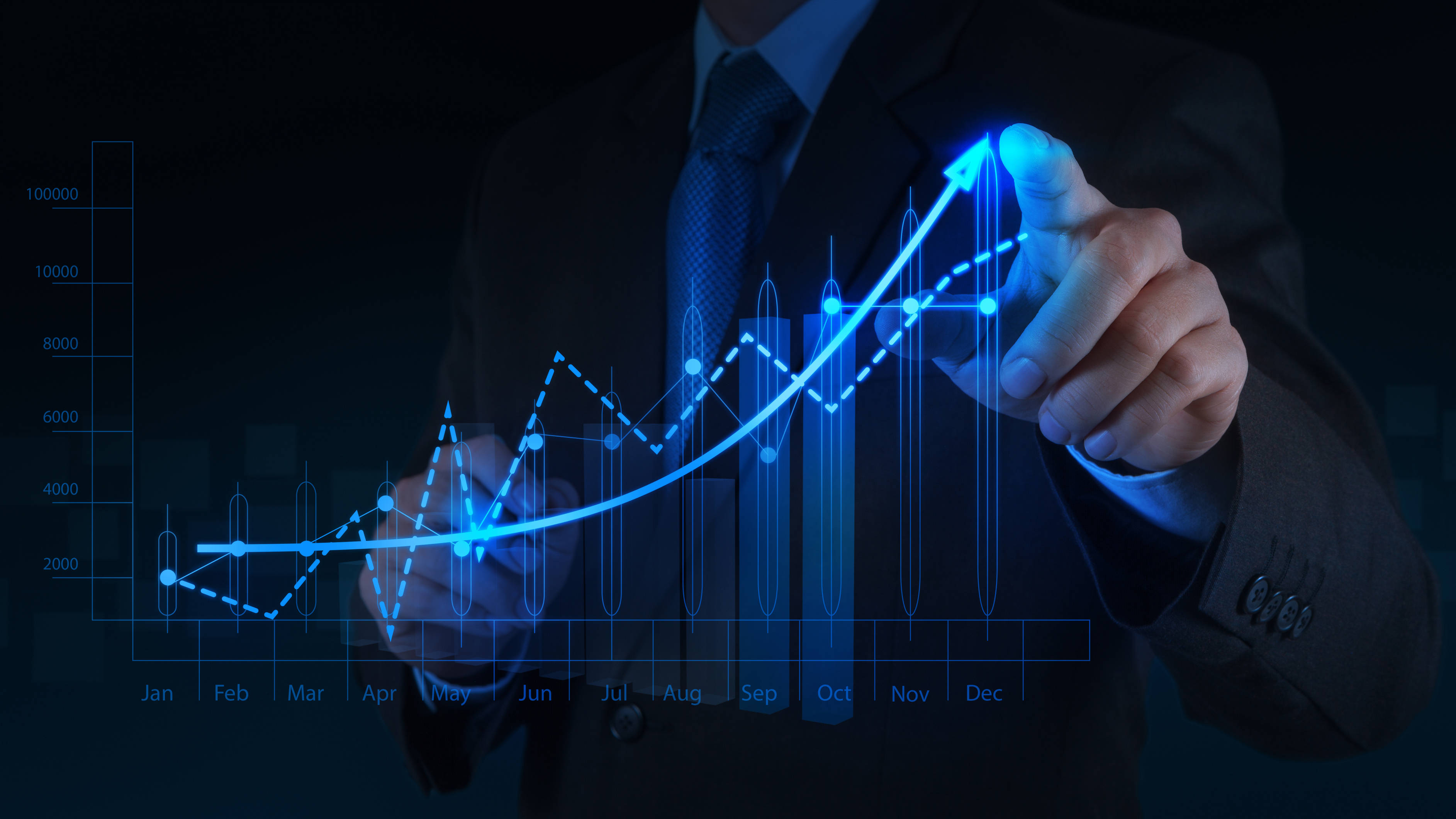 Enterprise, glowing blue holographic financial chart, upward trends, 2K Desktop Wallpaper
