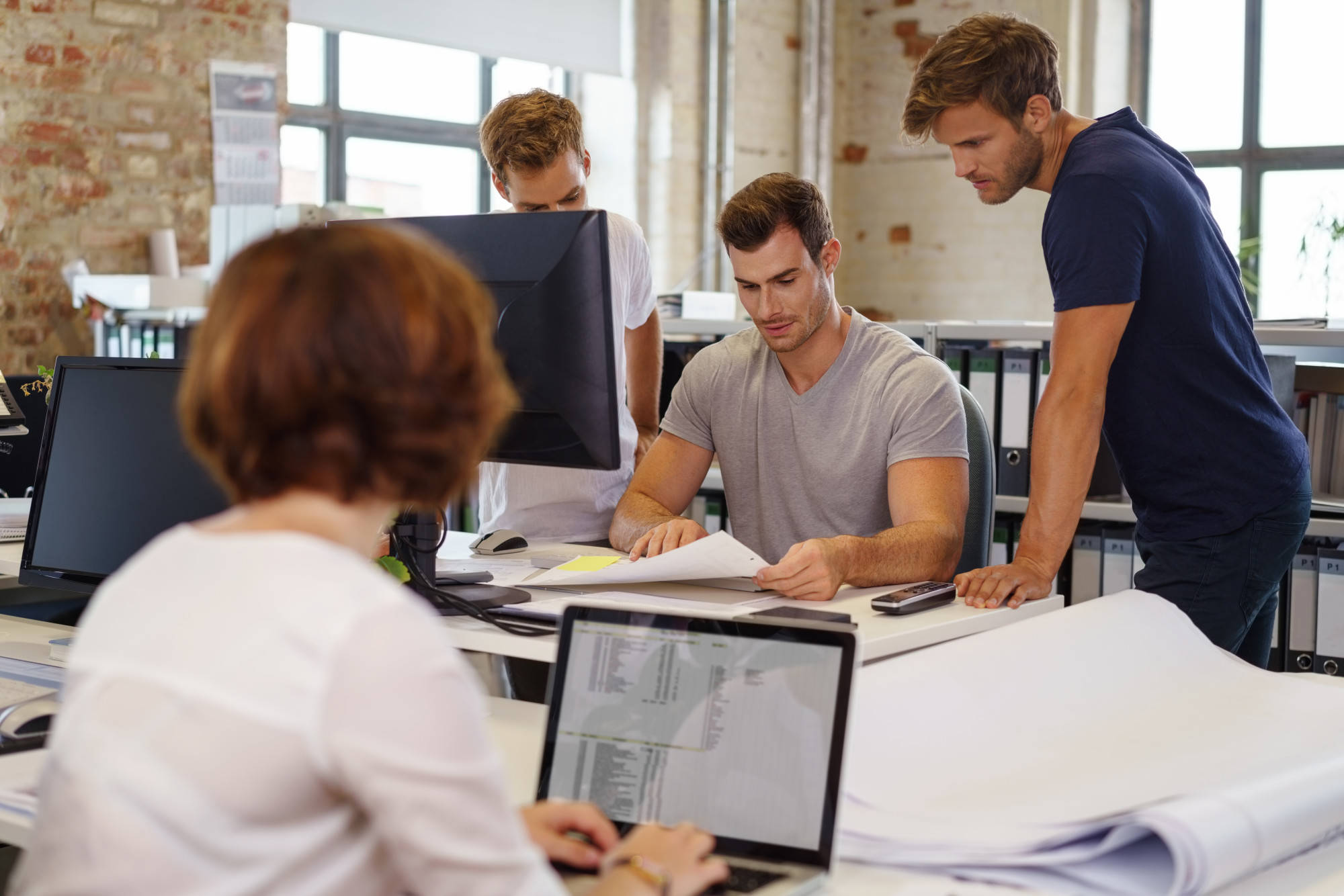 Enterprise, open-plan office, brick walls, Full HD Desktop Wallpaper
