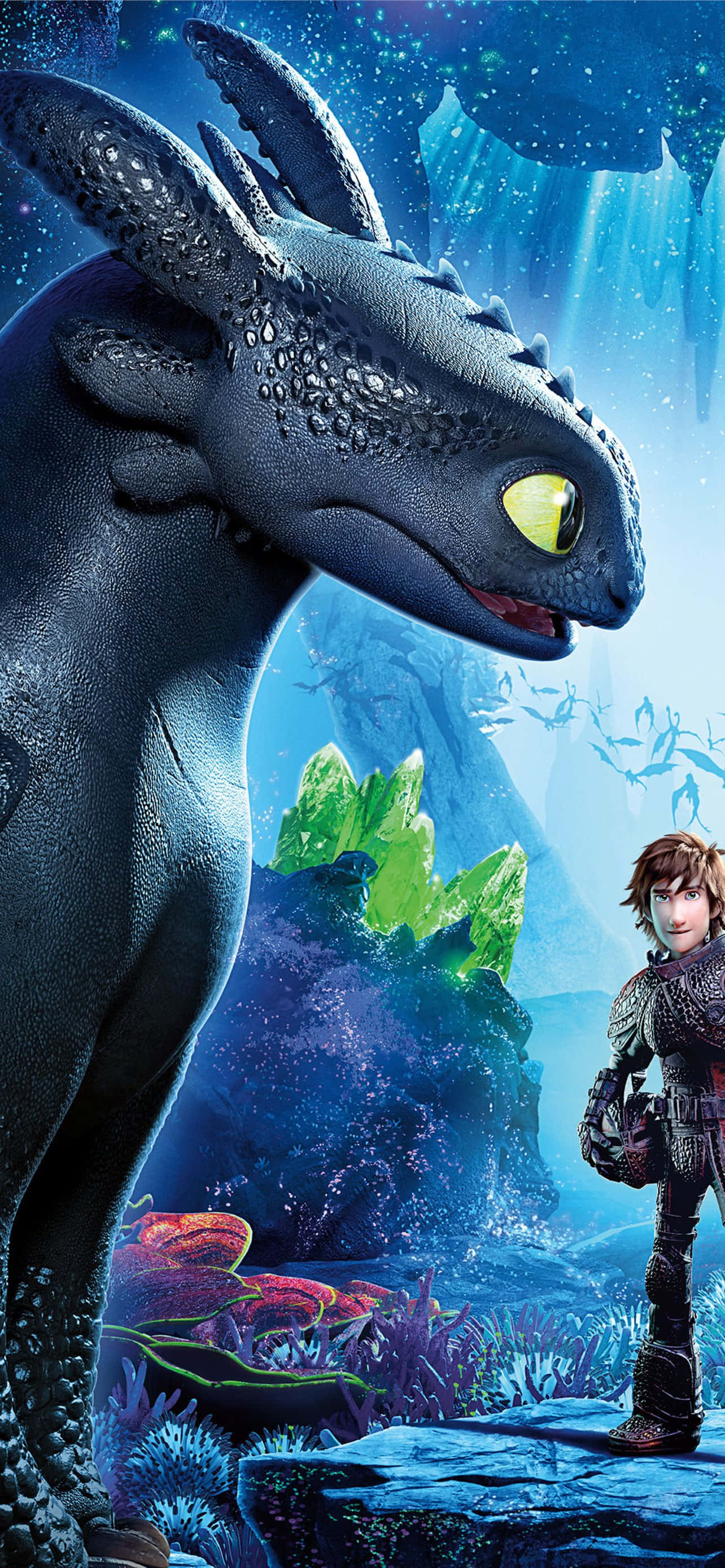 How to Train Your Dragon: The Hidden World, black dragon, glowing yellow eyes, 2K Phone Wallpaper