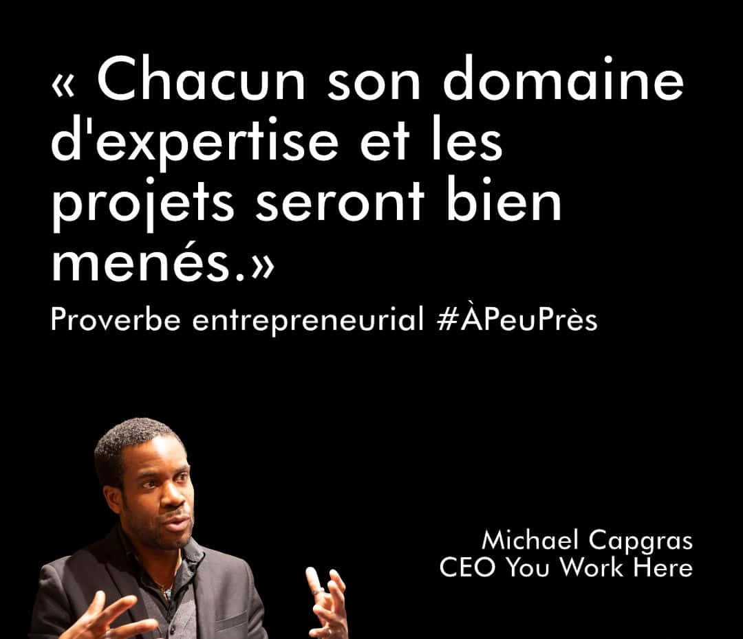 black background, white French entrepreneurial quote text, man speaks passionately, SD Desktop Wallpaper
