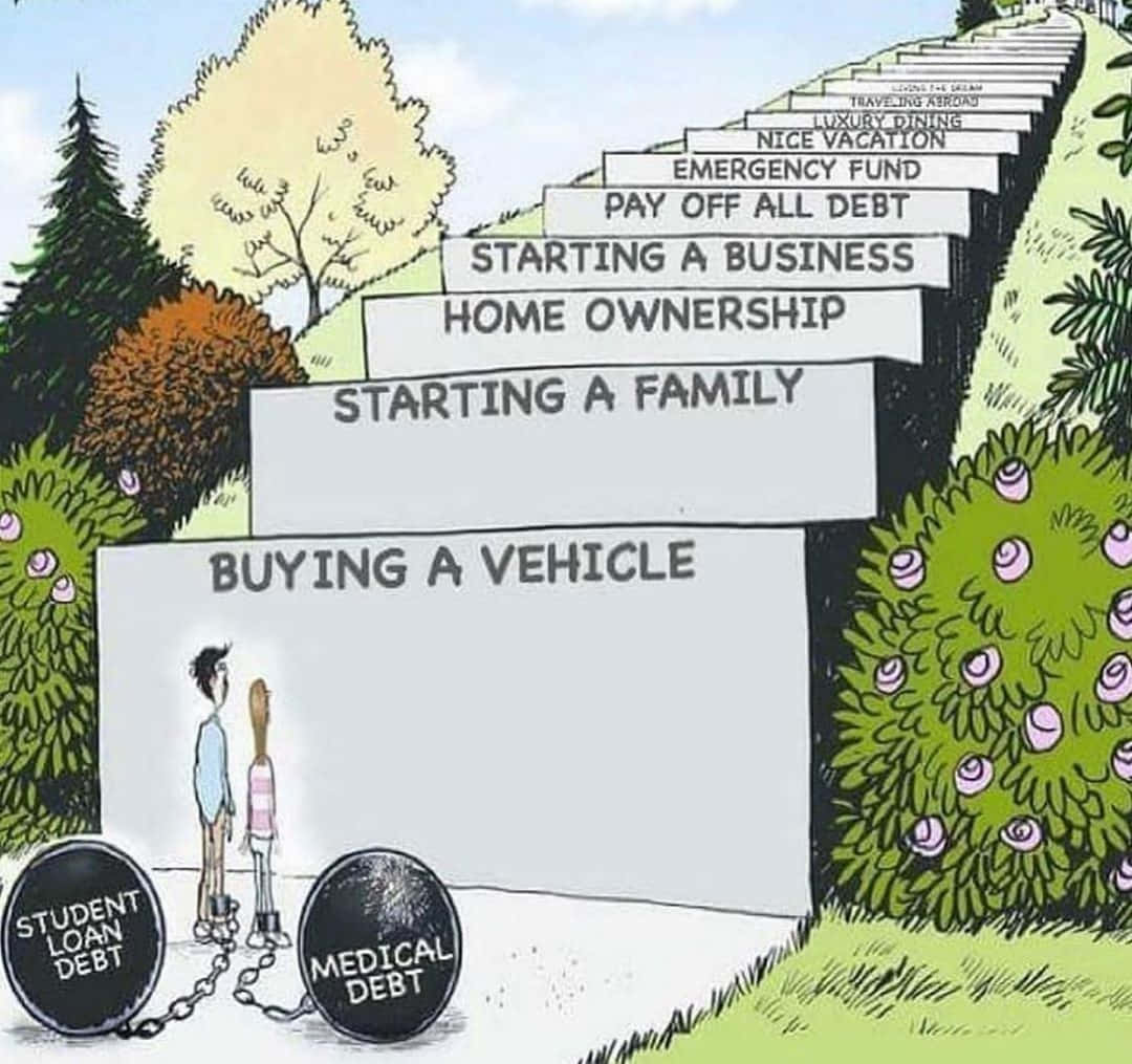 cartoon couple, chained to debt, staircase, SD Desktop Wallpaper