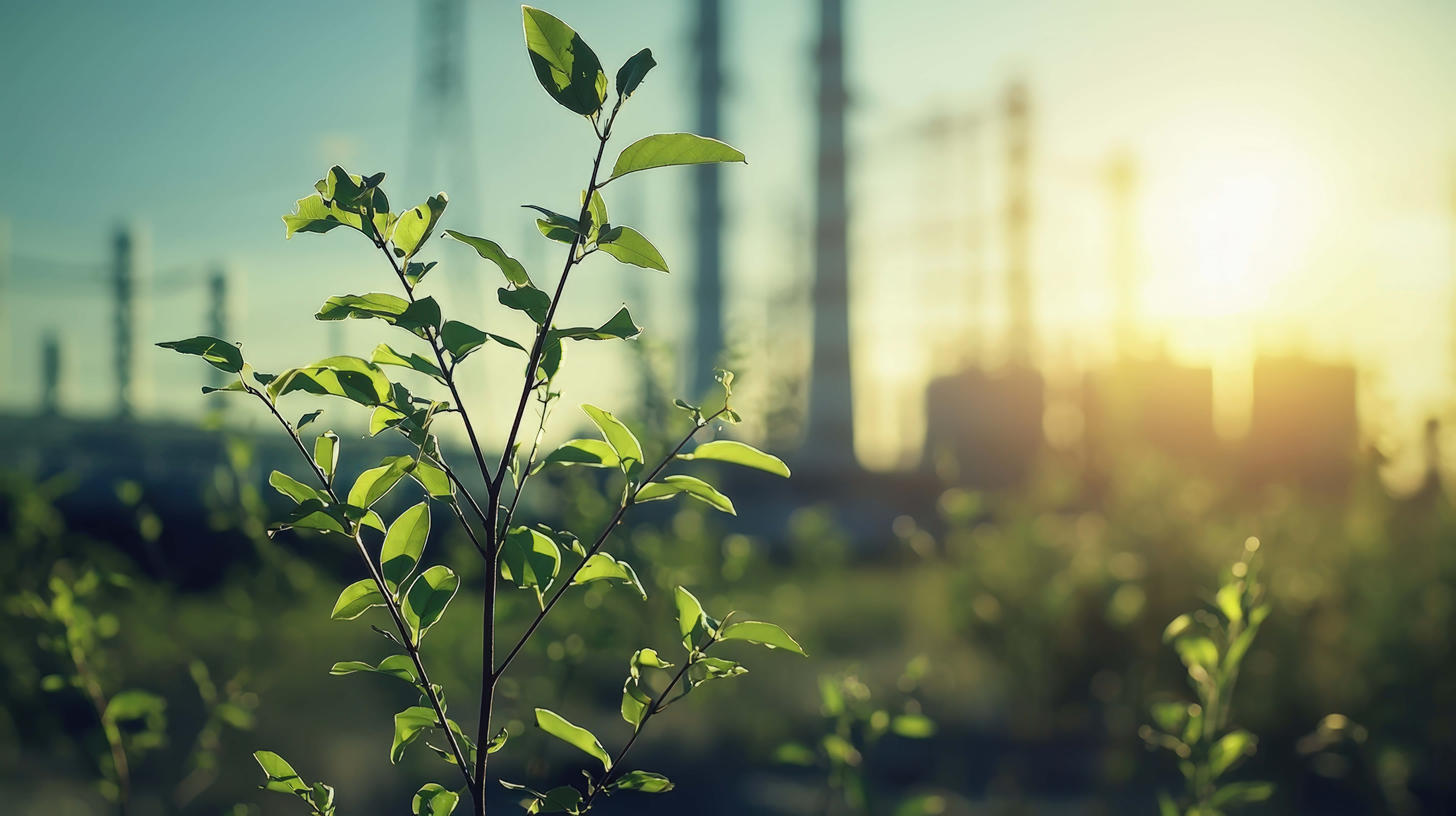 green plant, industrial complex, warm sunlight, 8K Desktop Wallpaper