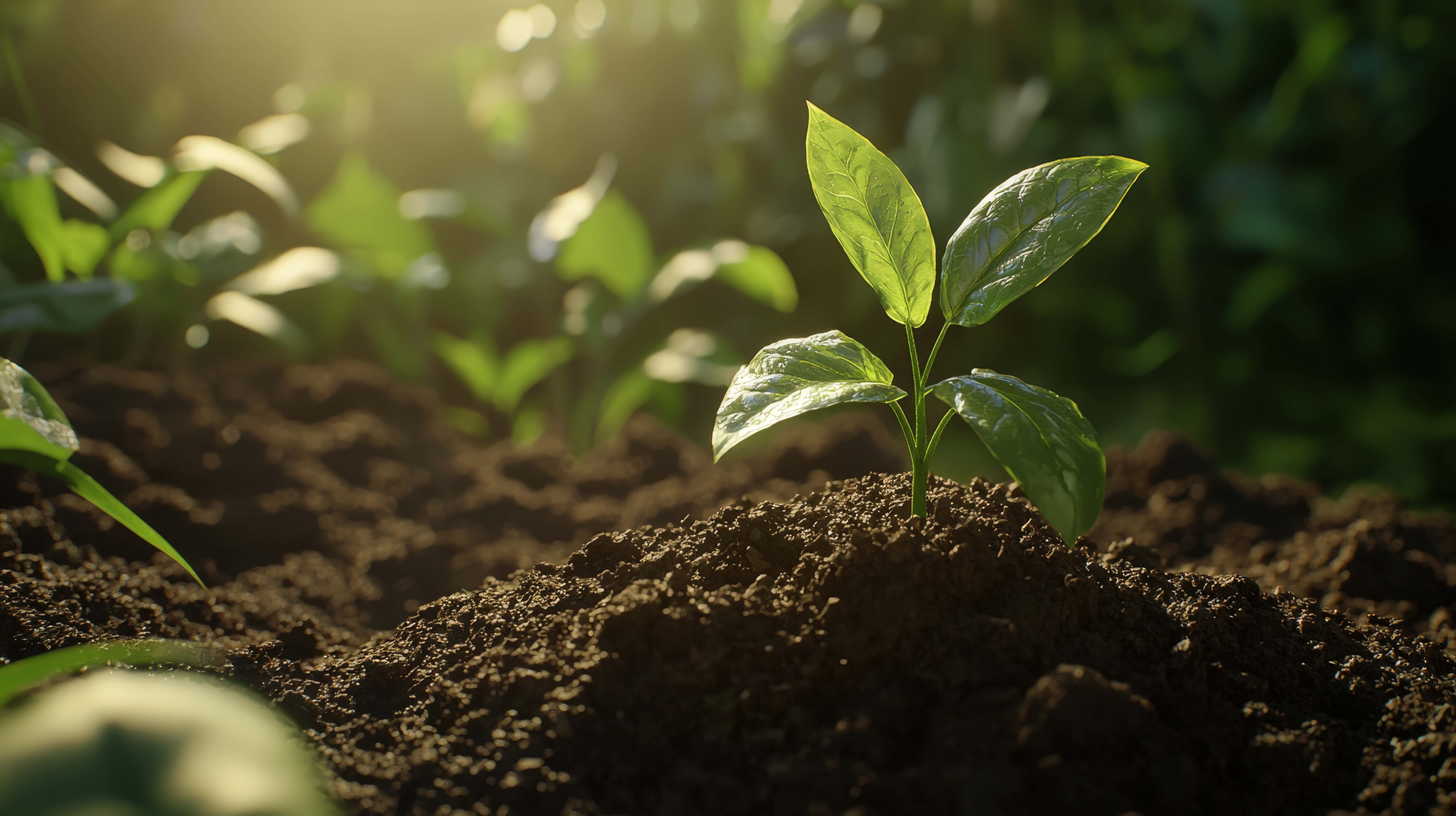 young green plant, sunlit soil, rich dark soil, 8K Desktop Wallpaper