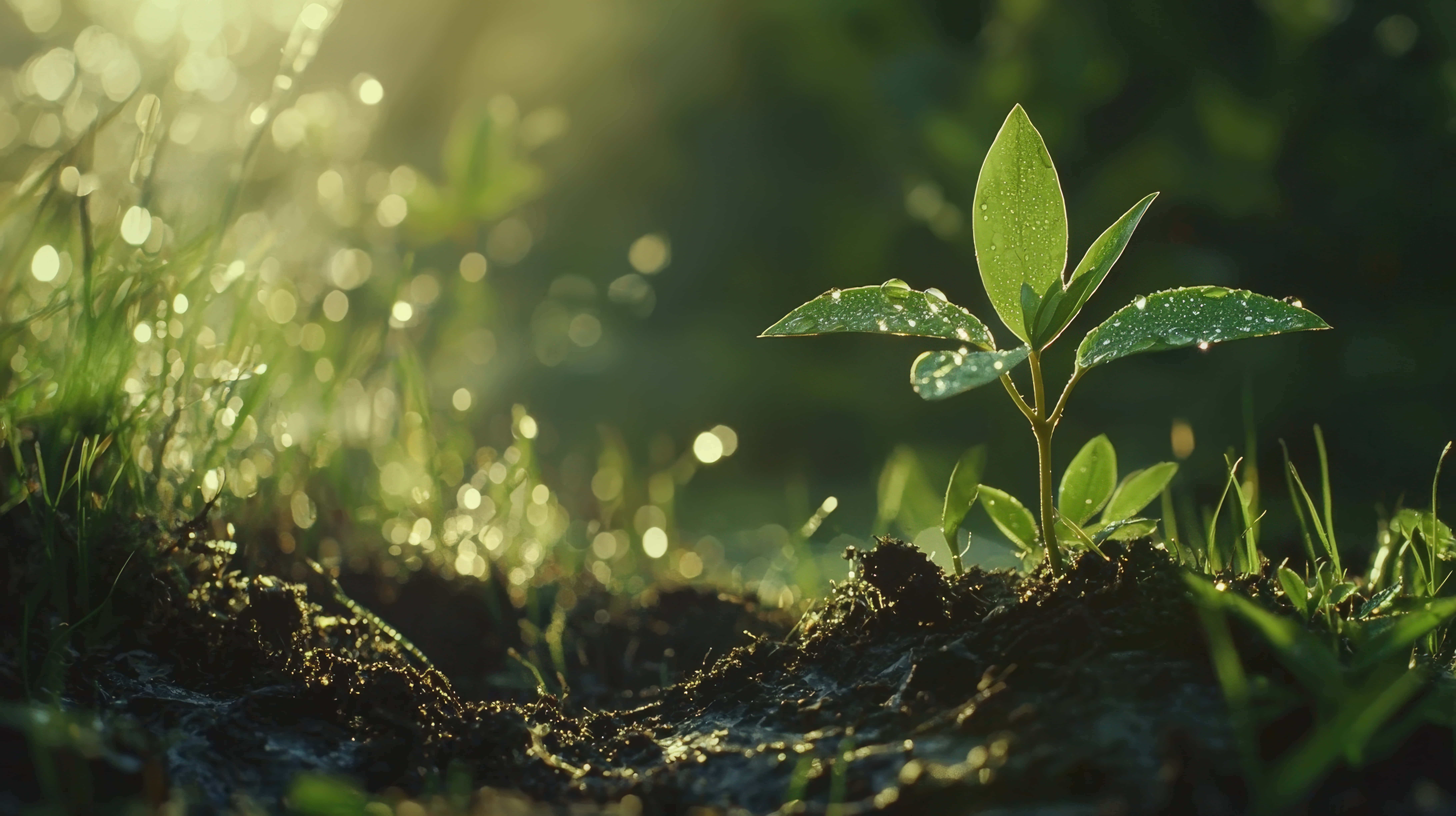 young green seedling, dewdrops, rich soil, 8K Desktop Wallpaper