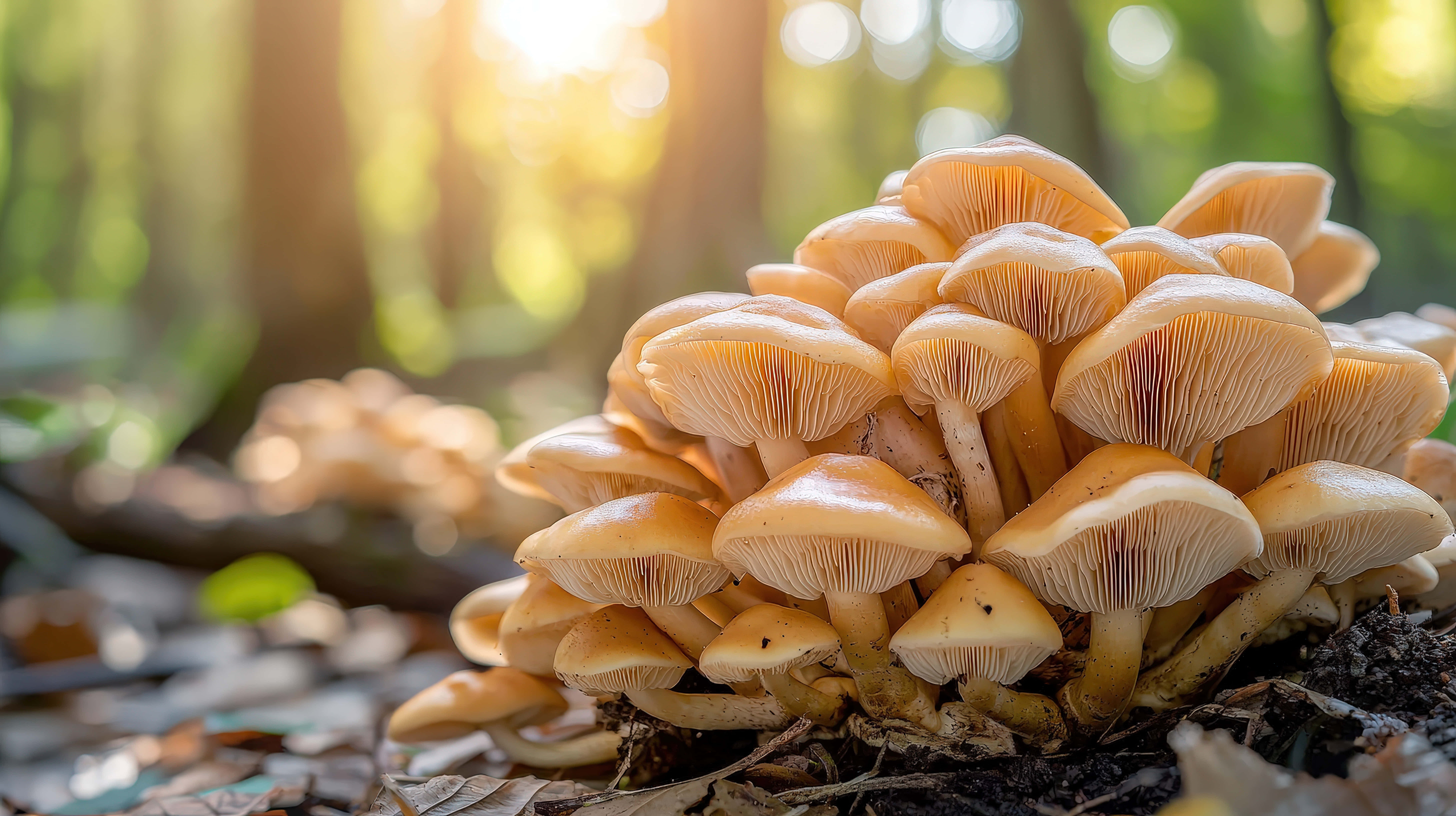golden mushrooms, forest floor, sunbeams, 8K Desktop Wallpaper