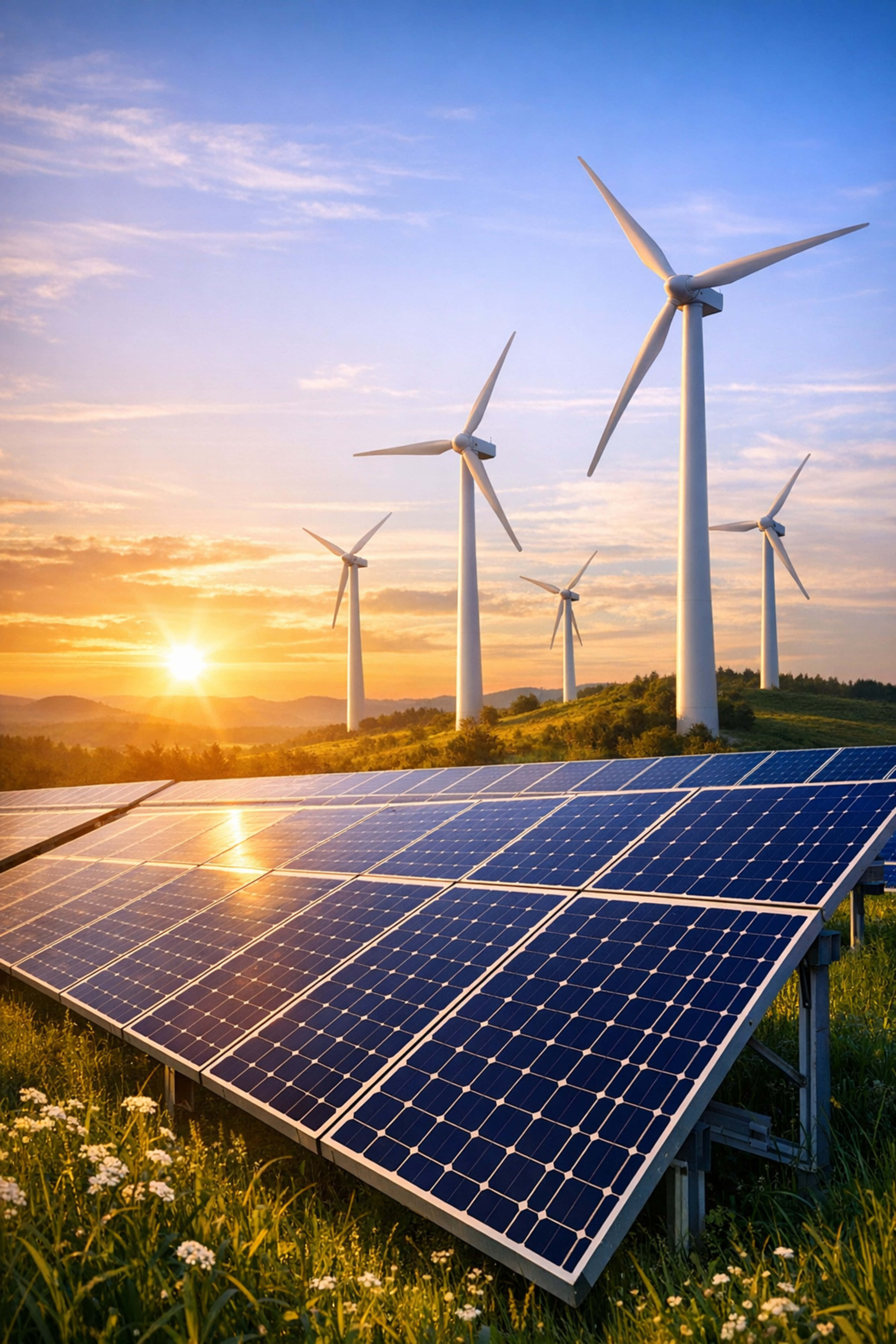 solar panels, wind turbines, golden sunset sky, 5K Phone Wallpaper