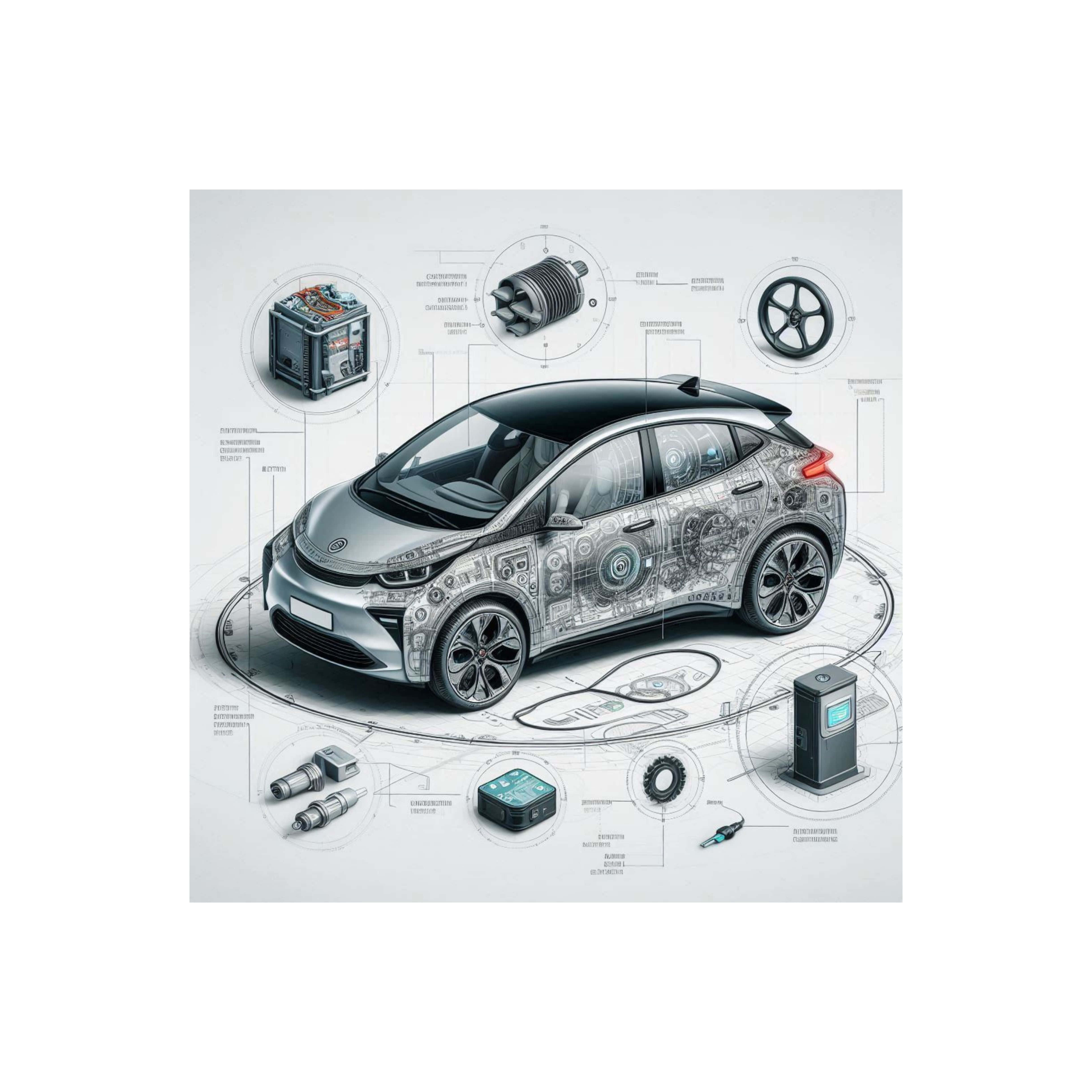diagrammatic electric car drawing6, sleek silver electric car, technical blueprint style, 4K Desktop Wallpaper
