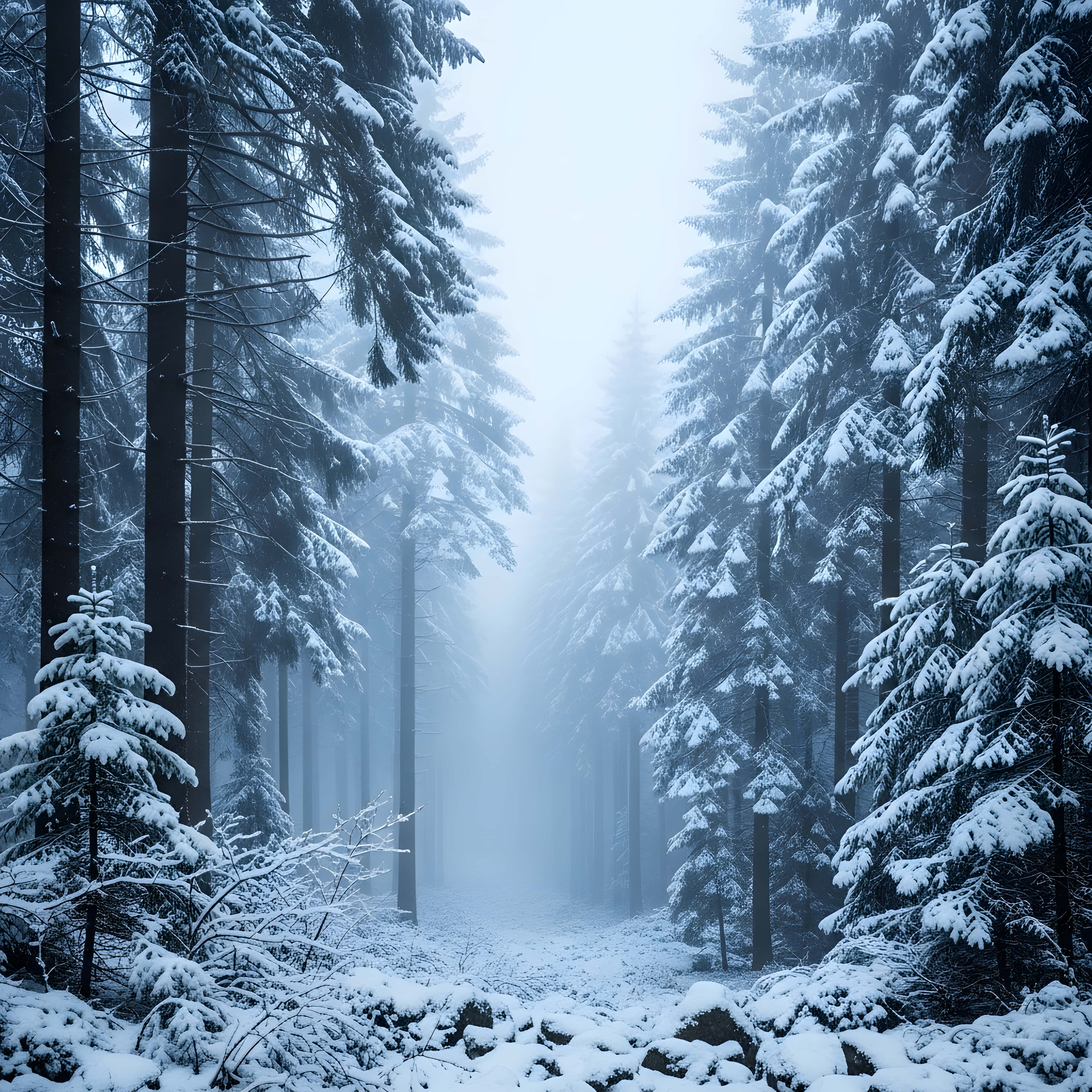 snowy forest, narrow snowy path, dense forest, 4K Desktop Wallpaper