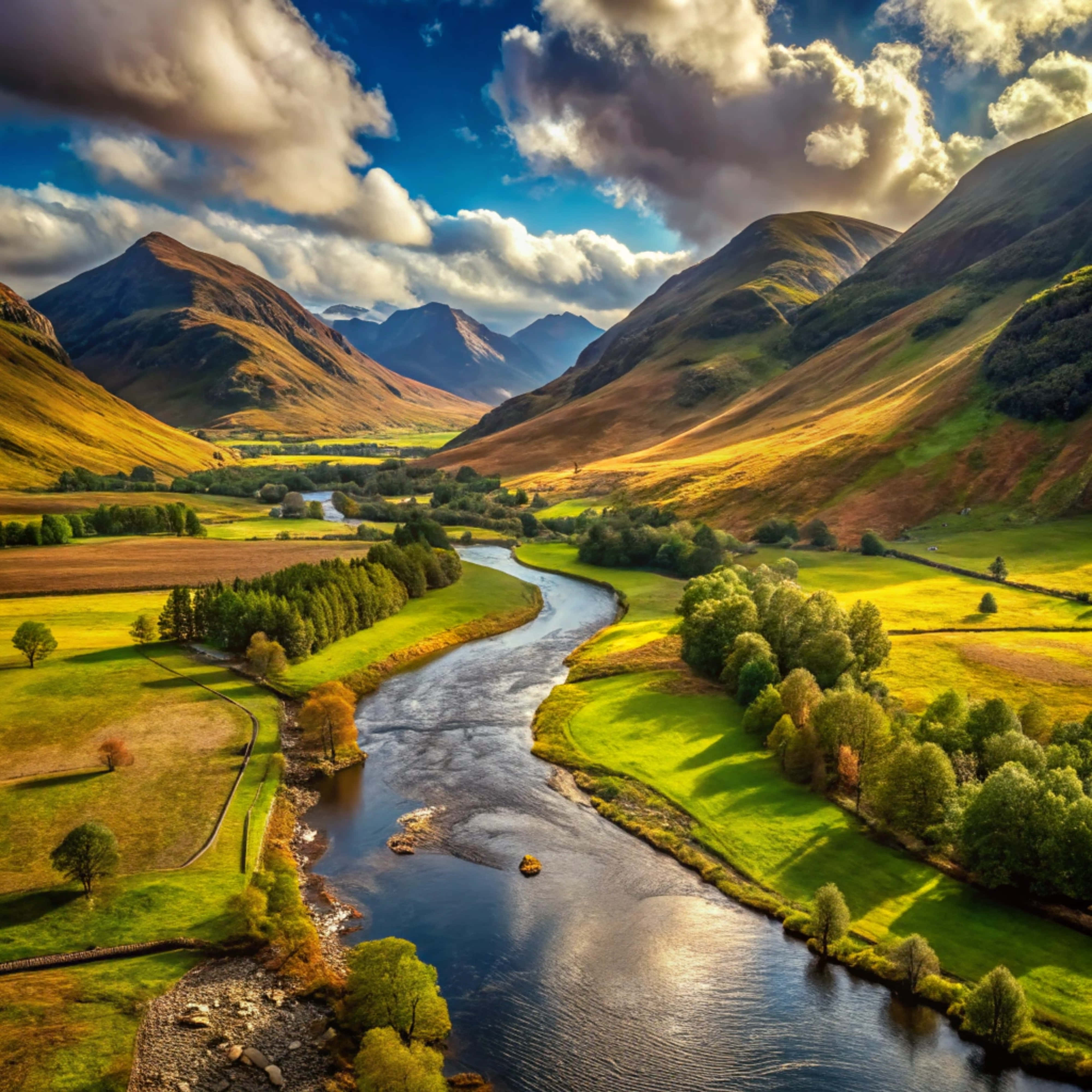 winding river, vibrant valley, rolling green hills, 4K Desktop Wallpaper