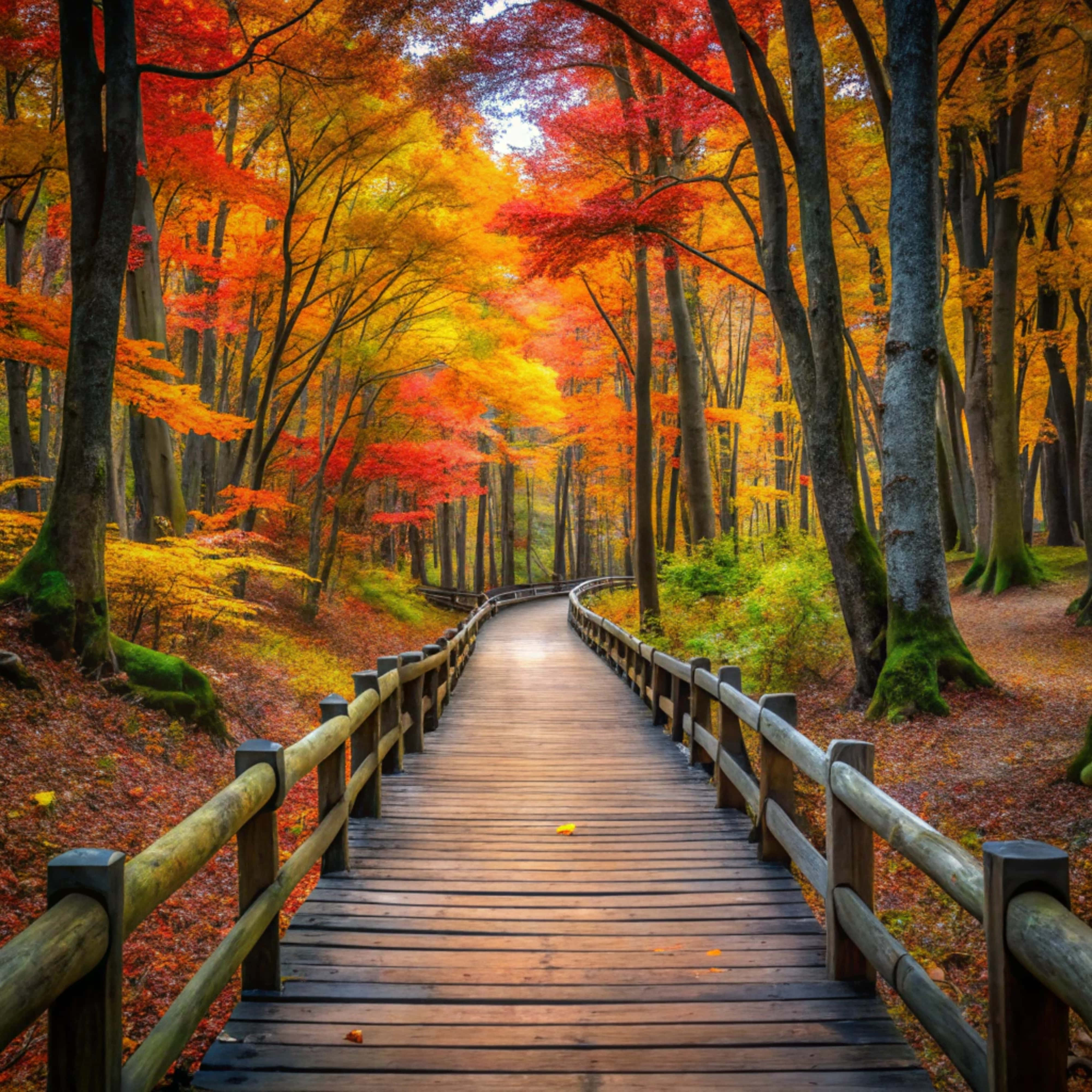 wooden boardwalk, forest, autumn leaves, 4K Desktop Wallpaper