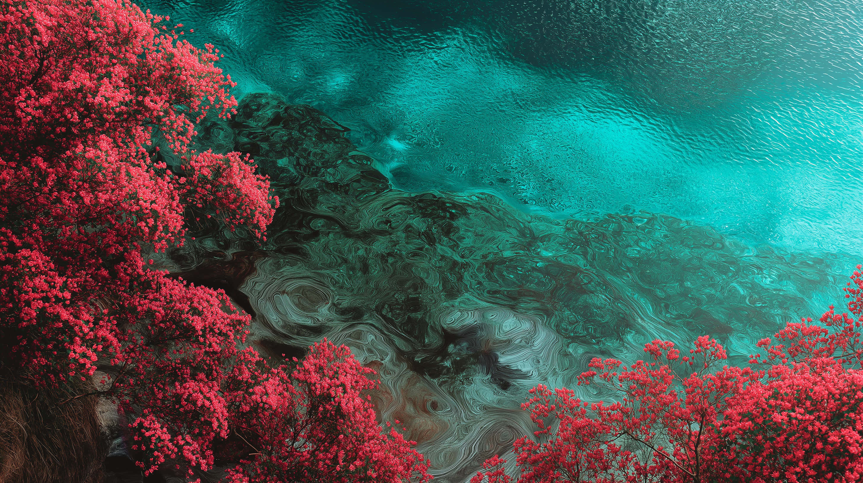 tropical paradise, vibrant pink flowering trees, swirling turquoise ocean, 2K Desktop Wallpaper