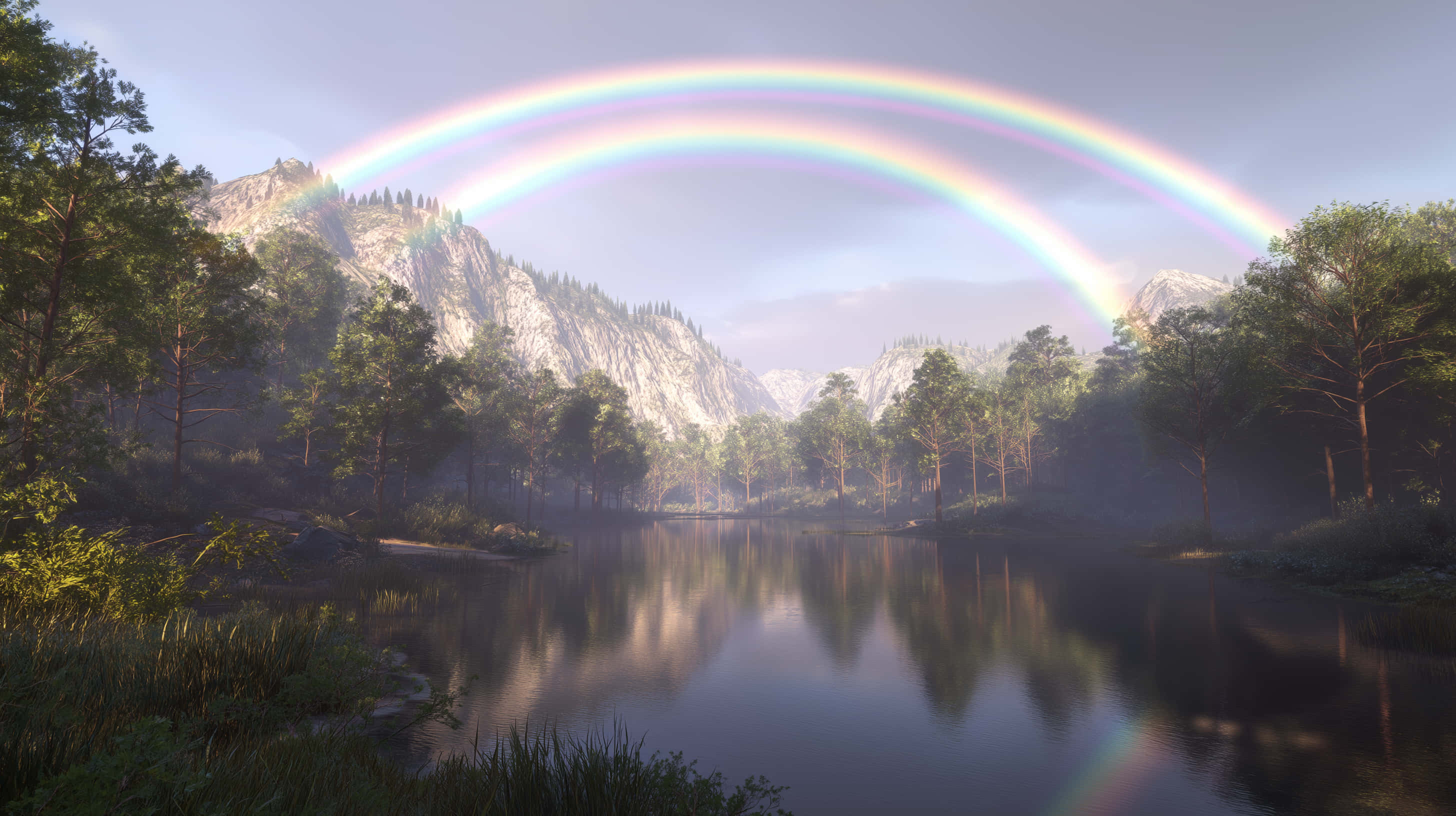 double rainbow, misty mountain lake, dense green forests, 2K Desktop Wallpaper