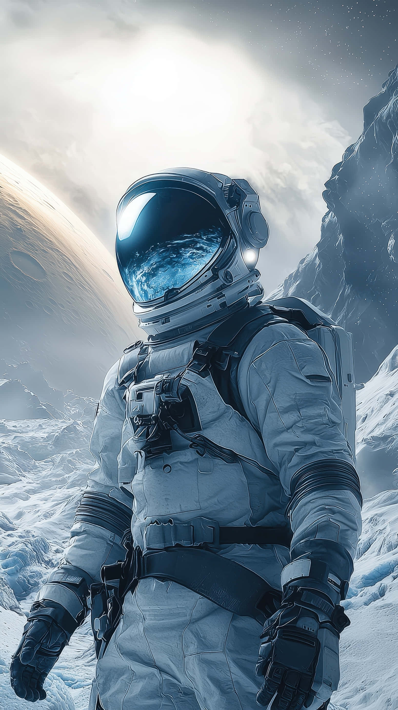 lone astronaut, icy alien world, snowy alien planet, 2K Phone Wallpaper