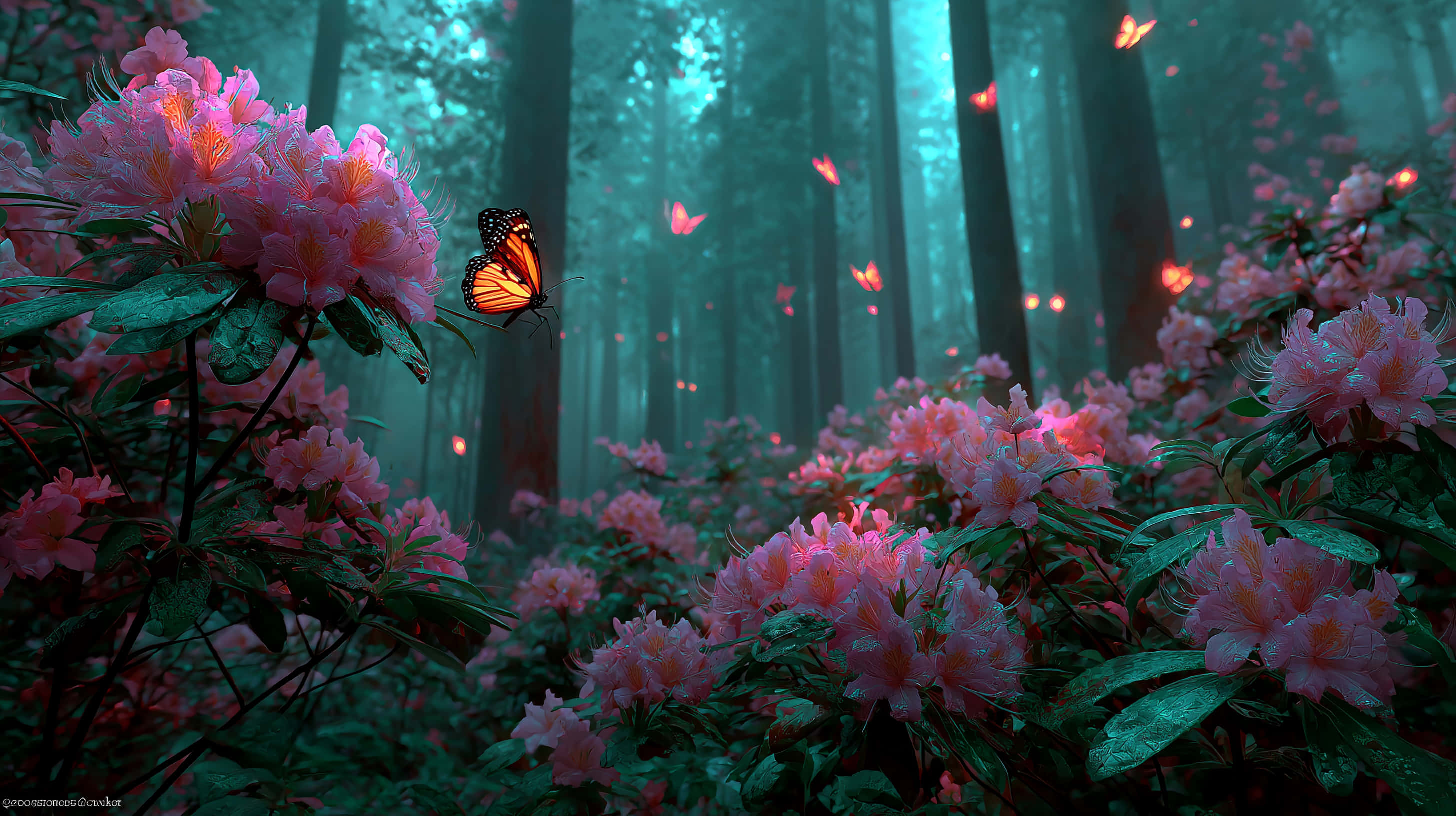 pink azaleas, misty forest, glowing orange butterflies, 2K Desktop Wallpaper