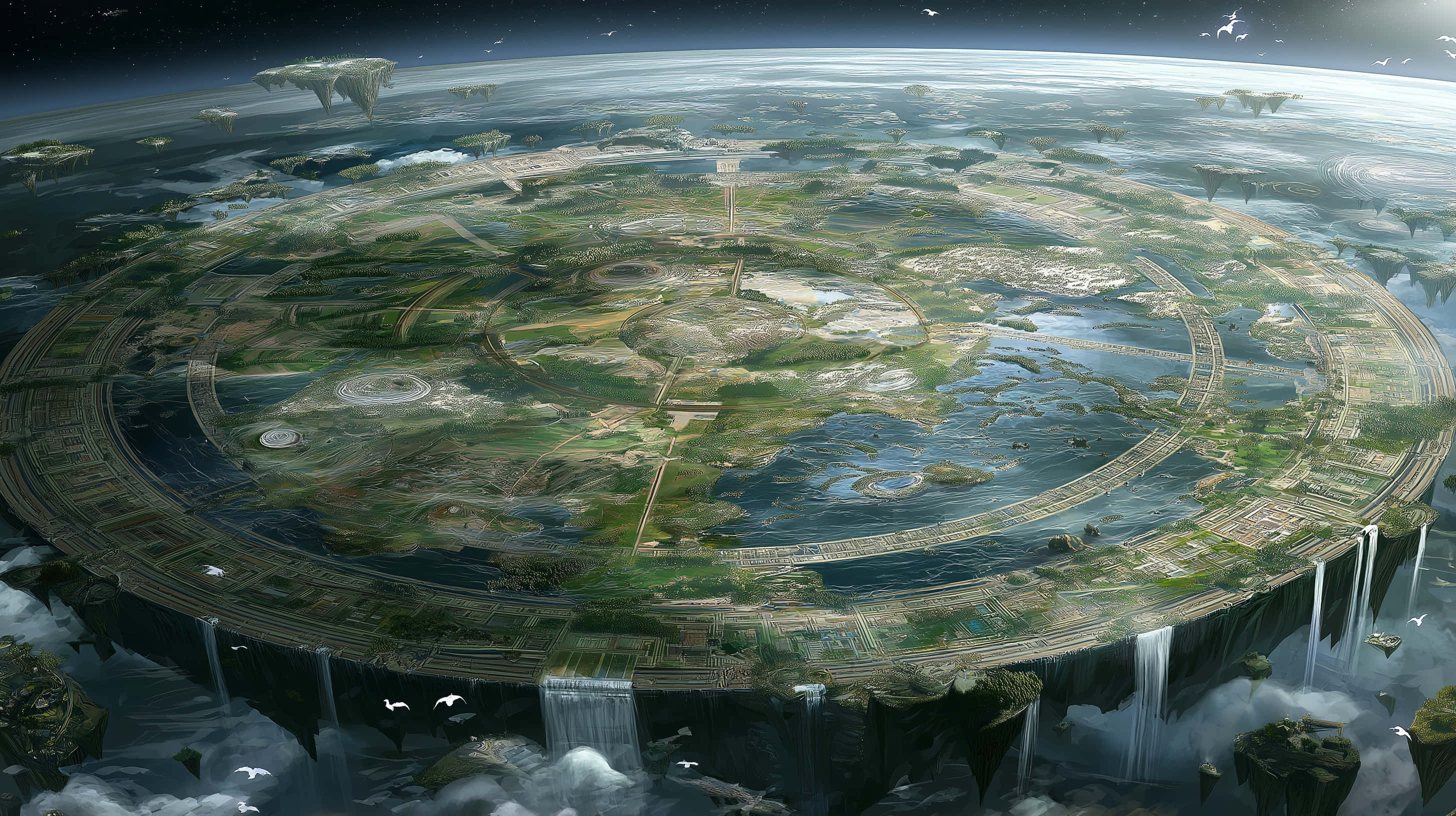 circular flat world, rivers, waterfalls, 2K Desktop Wallpaper