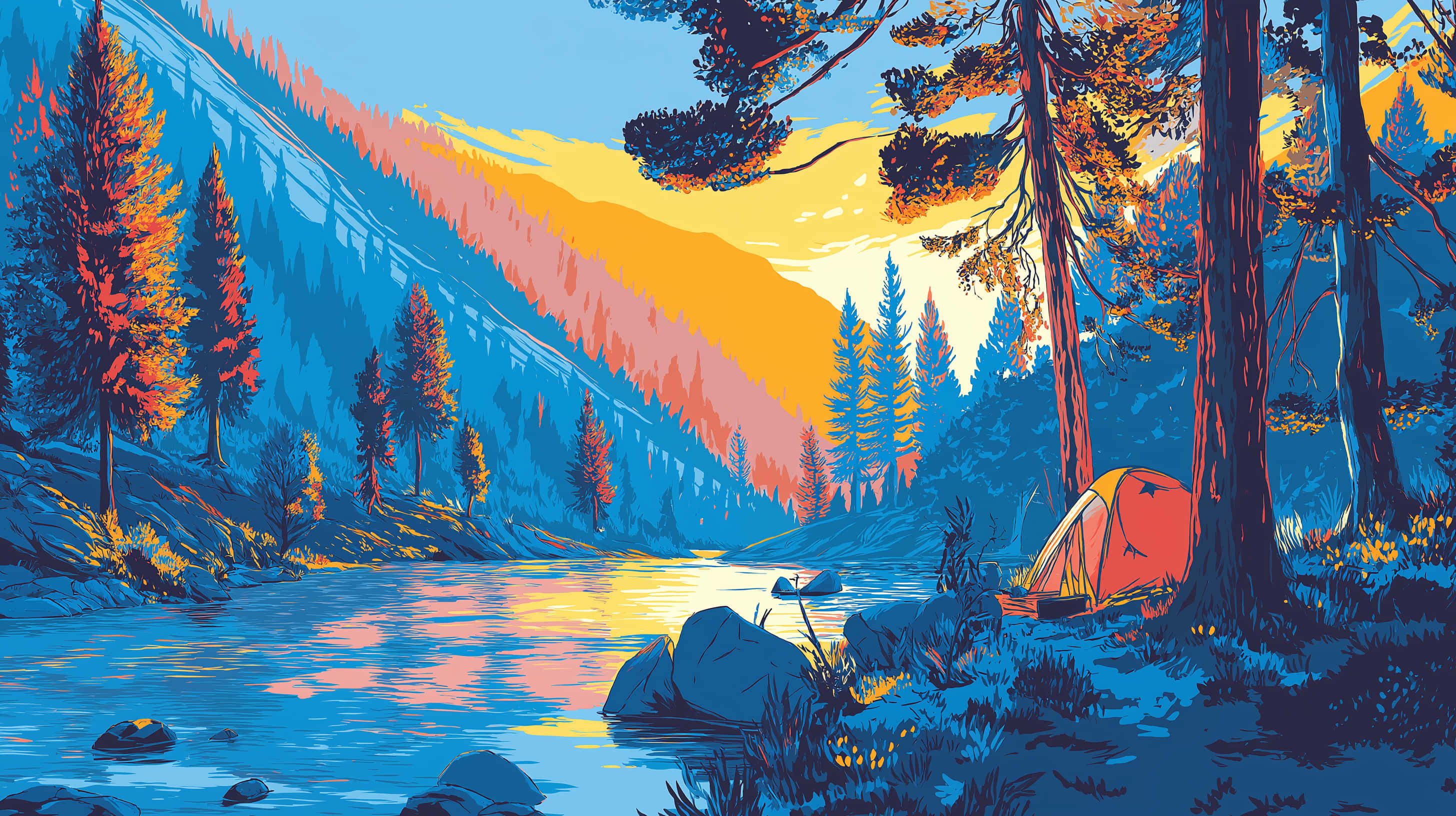orange tent, river, sunset sky, 2K Desktop Wallpaper