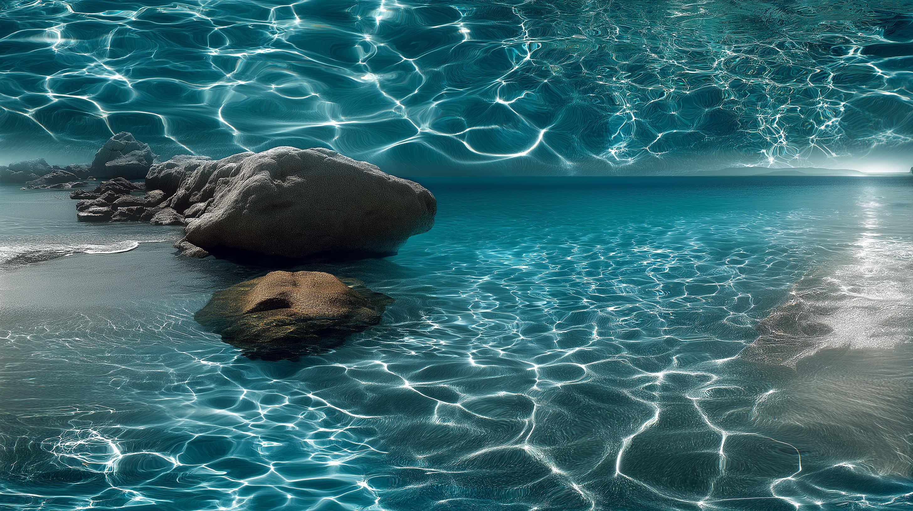 crystal clear turquoise water, textured rocks, sandy shore, 2K Desktop Wallpaper