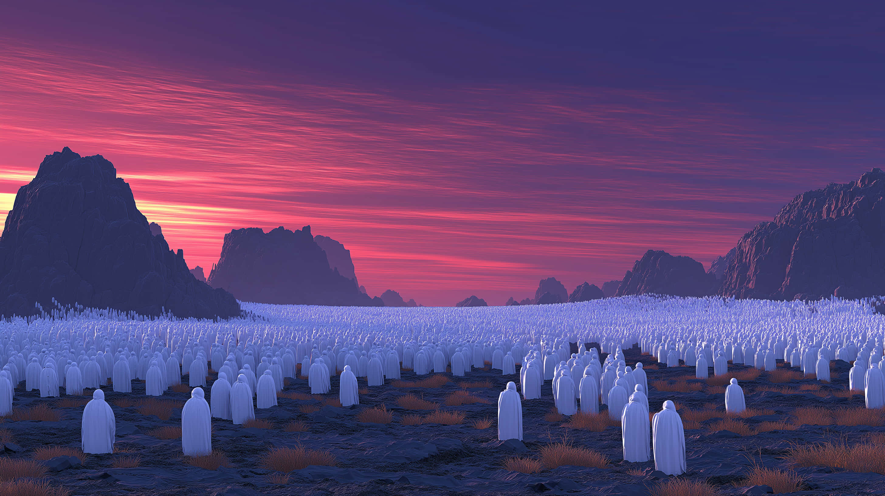 white hooded figures, dramatic pink and purple sunset sky, jagged mountains, 2K Desktop Wallpaper