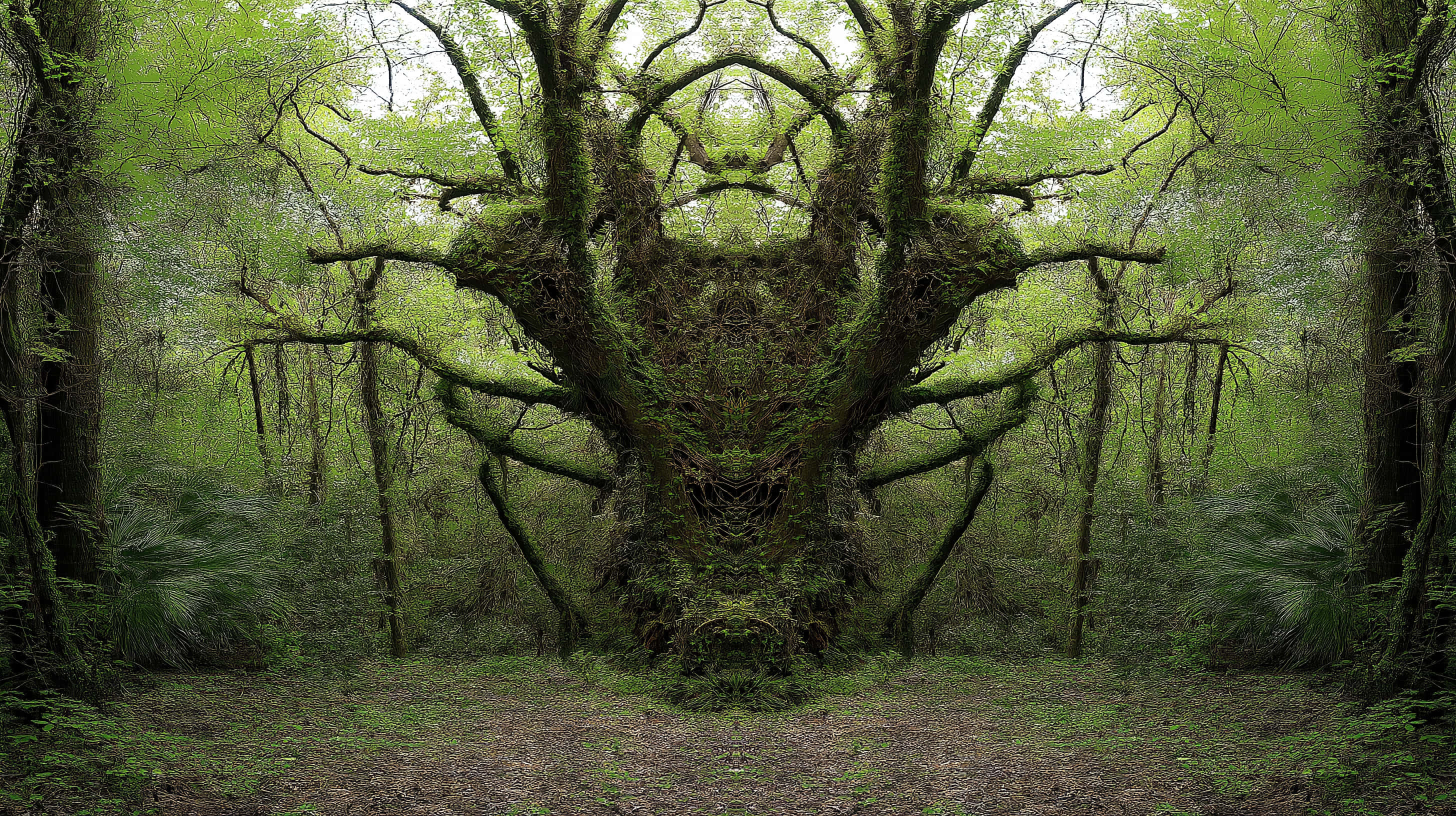 mirrored tree forms, verdant forest, mossy forest tree, 2K Desktop Wallpaper