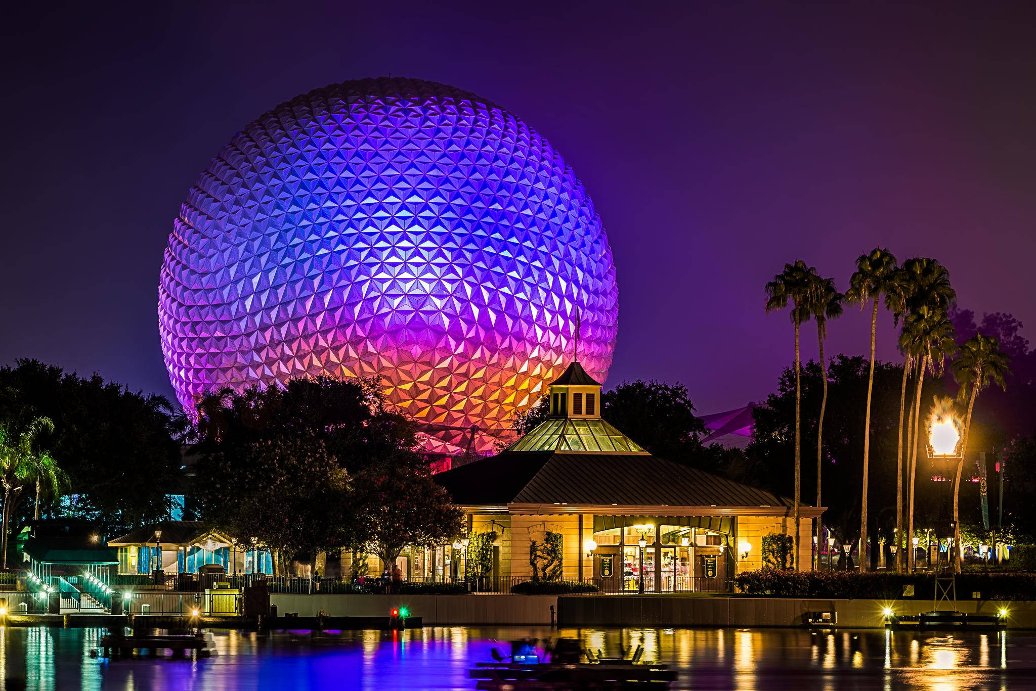 Epcot, geodesic sphere, purple and orange lights, Full HD Desktop Wallpaper