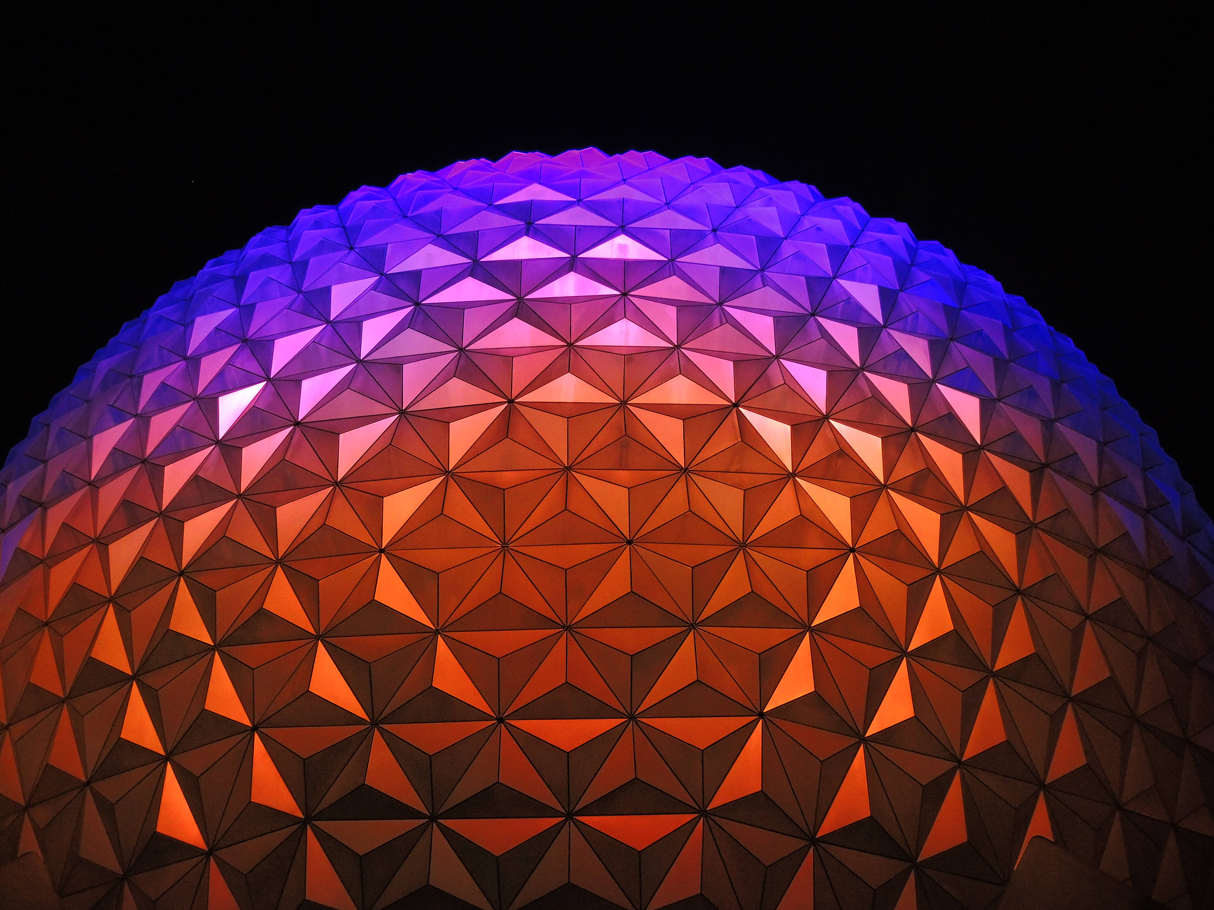 Epcot, geodesic dome, purple lights, 4K Desktop Wallpaper