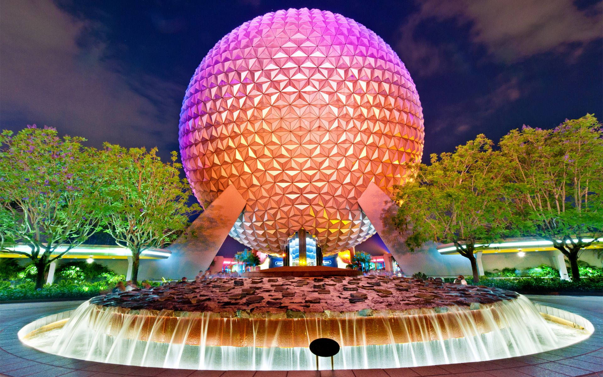 Epcot, geodesic sphere, purple and orange lights, Full HD Desktop Wallpaper