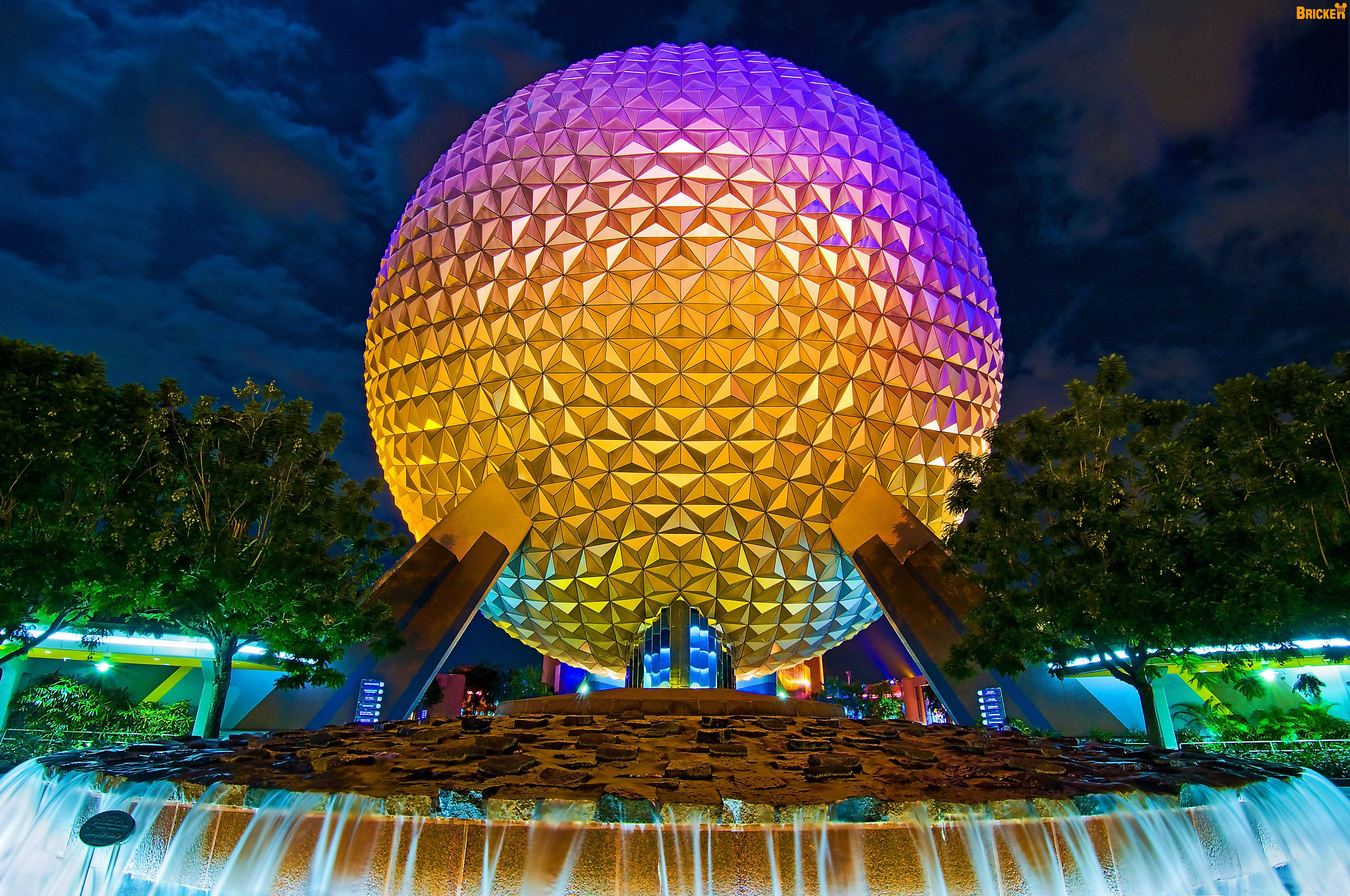 Epcot, geodesic sphere, gold and purple lights, 4K Desktop Wallpaper