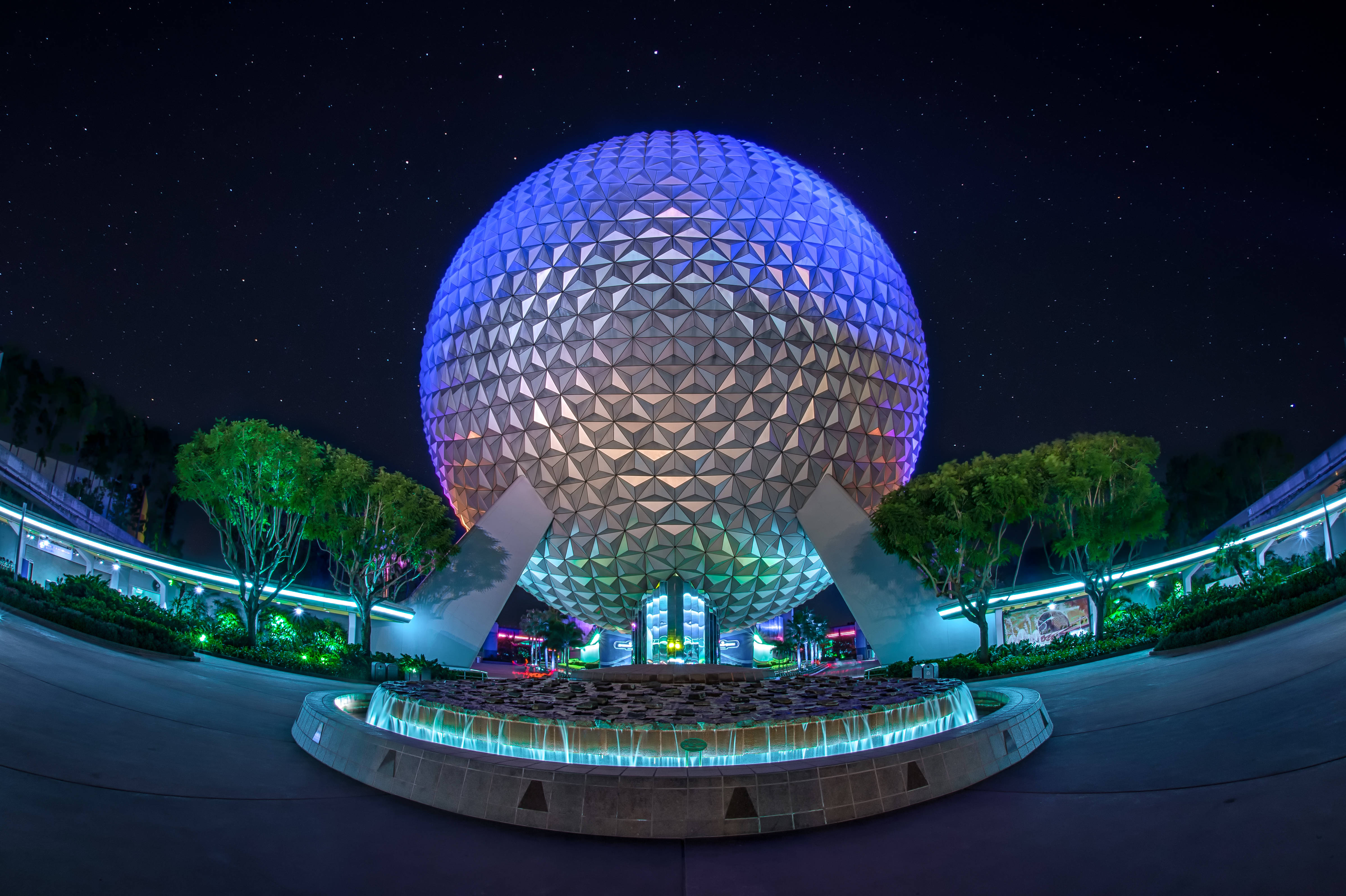 Epcot, geodesic sphere, blue and purple lights, 4K Desktop Wallpaper