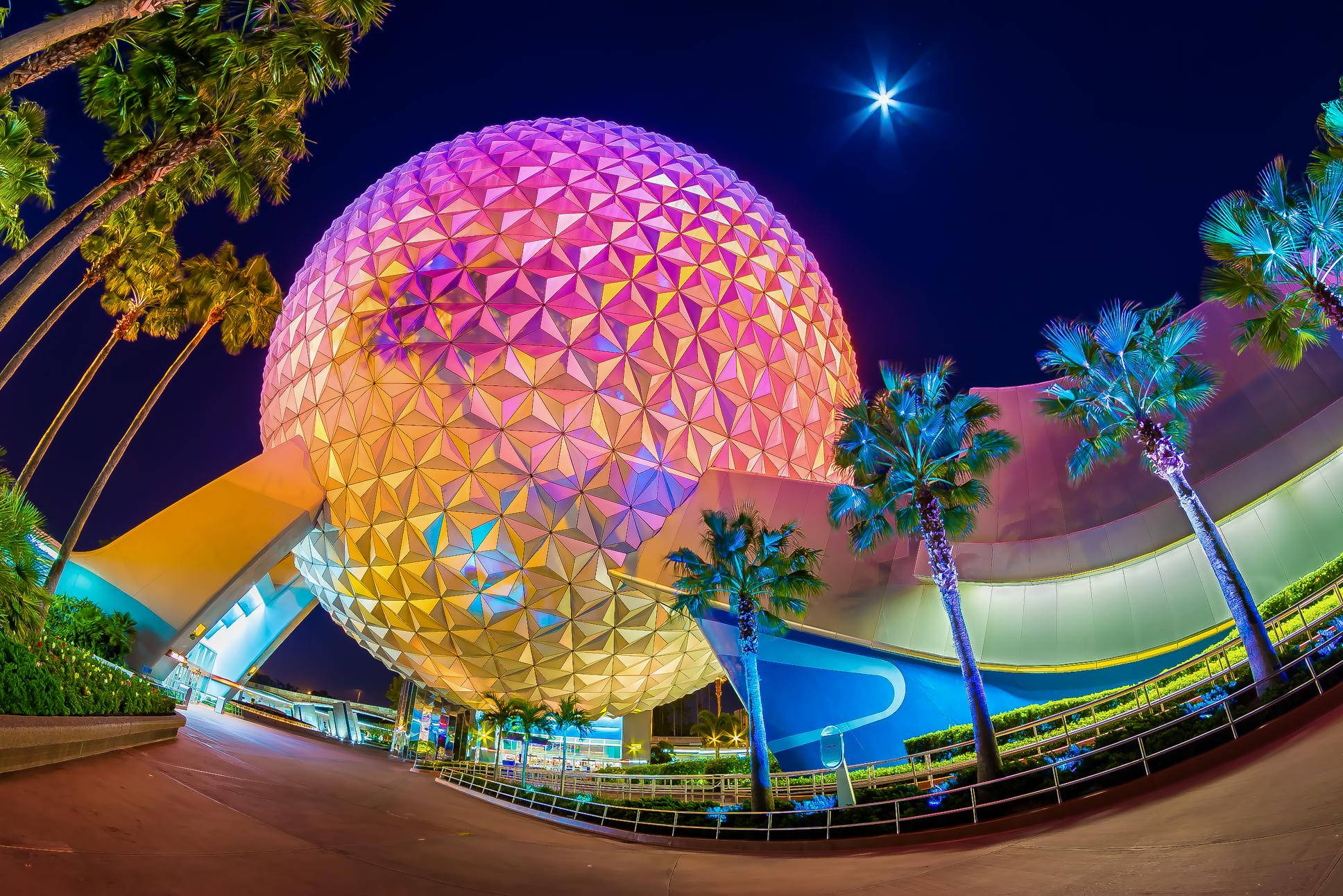 Epcot, geodesic sphere, pink and gold lights, Full HD Desktop Wallpaper