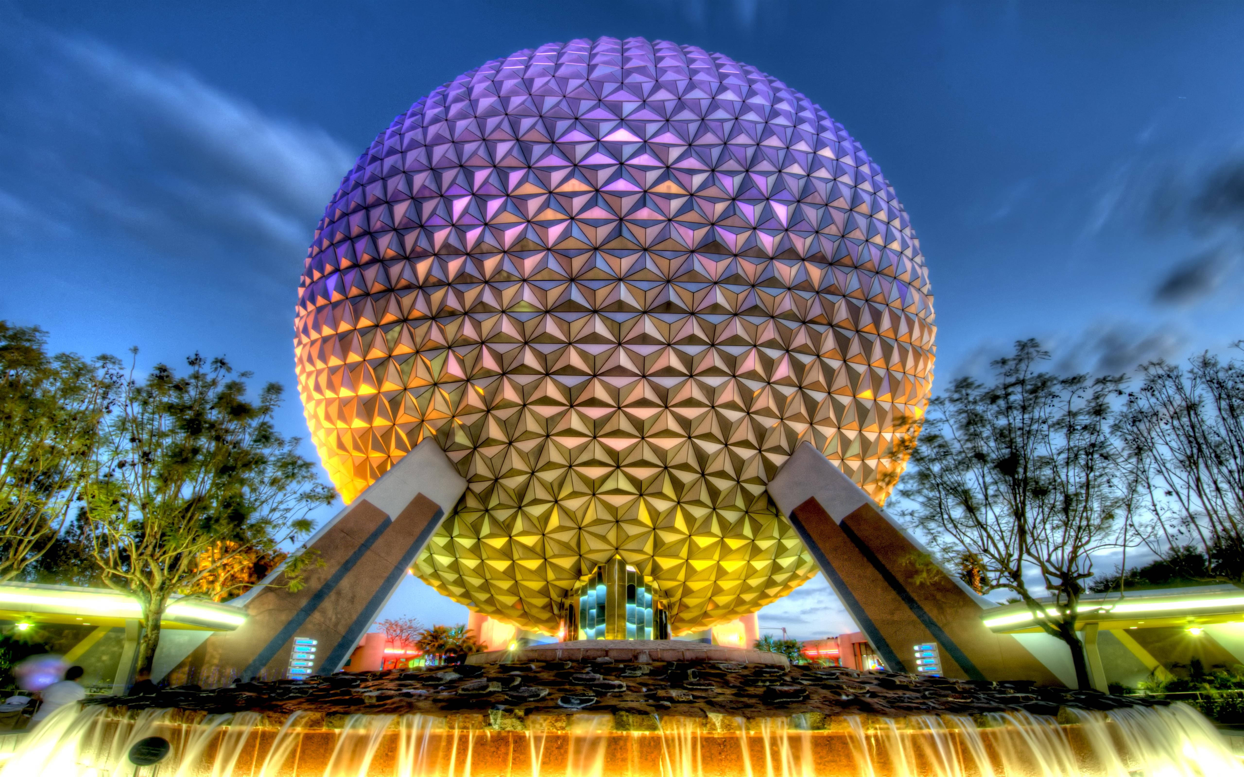 Epcot, geodesic sphere, purple and gold lights, 5K Desktop Wallpaper