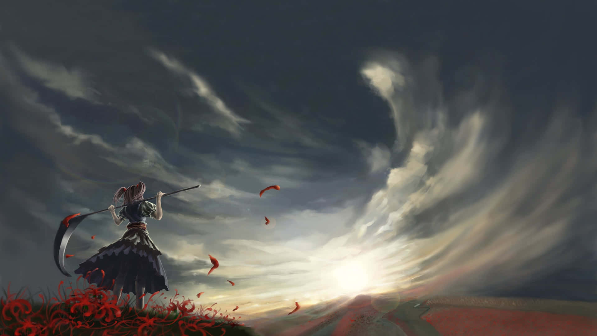 Epic Anime, scythe, hill of red flowers, Full HD Desktop Wallpaper